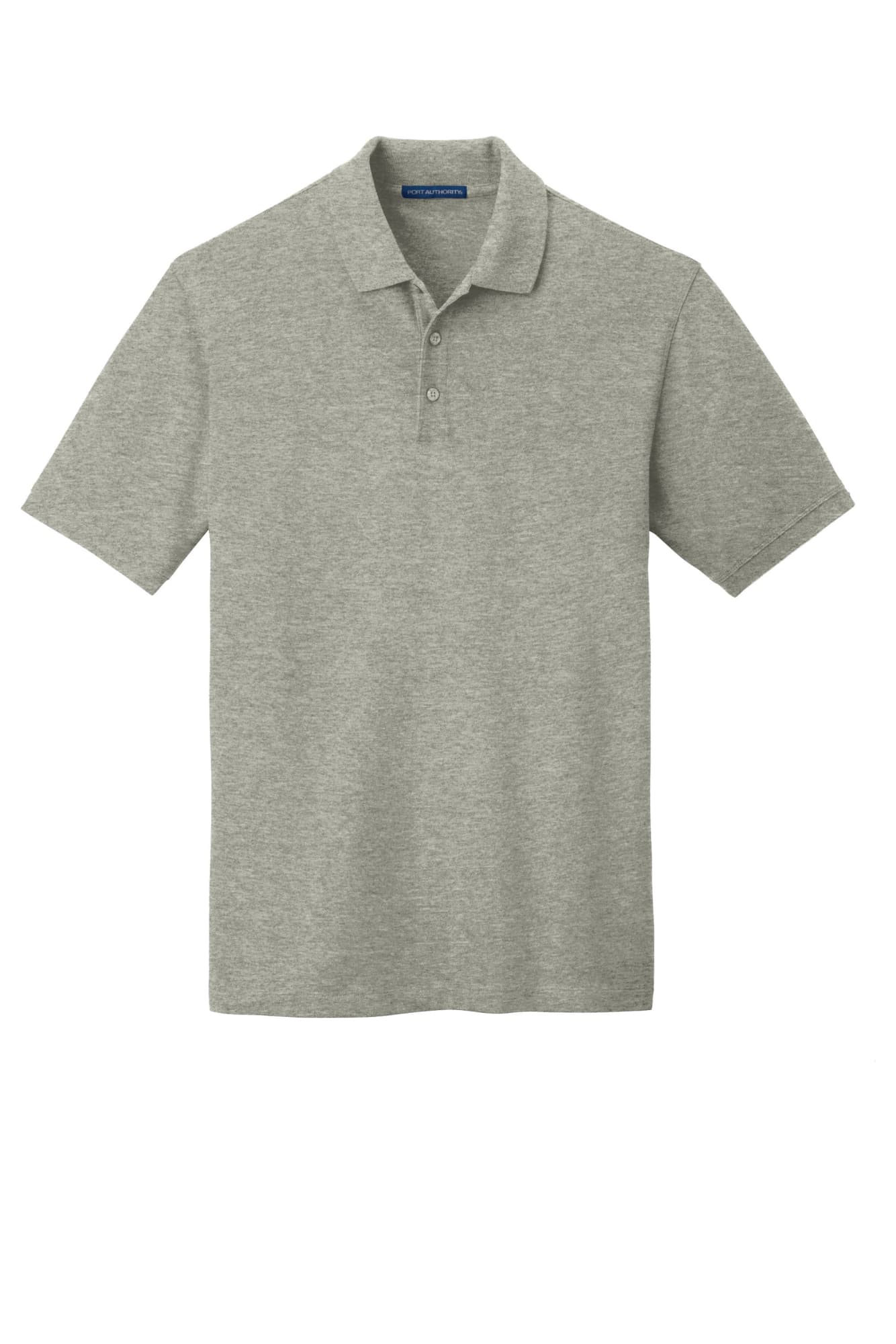 A light grey polo shirt with a collar and three buttons, featuring a logo on the side.