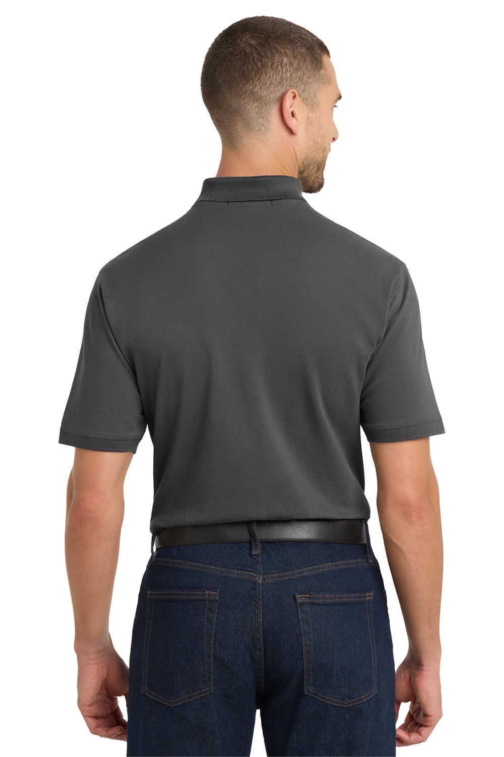 A grey Port Authority EZCotton polo shirt displayed on a man, viewed from the back, featuring a logo.