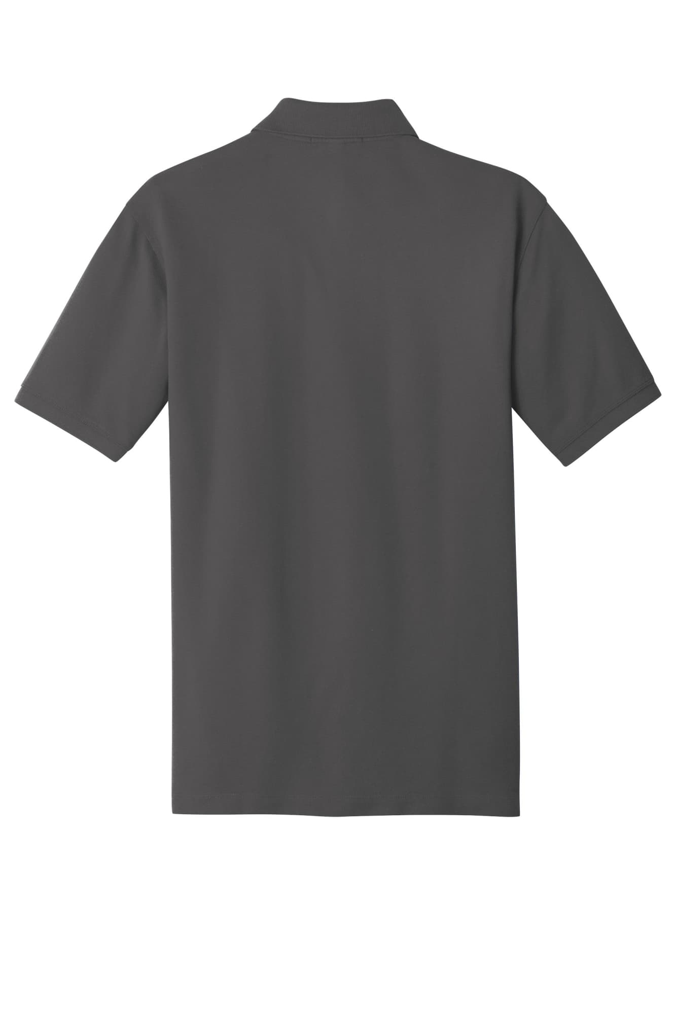 A grey polo shirt with a collar and short sleeves, featuring a logo.