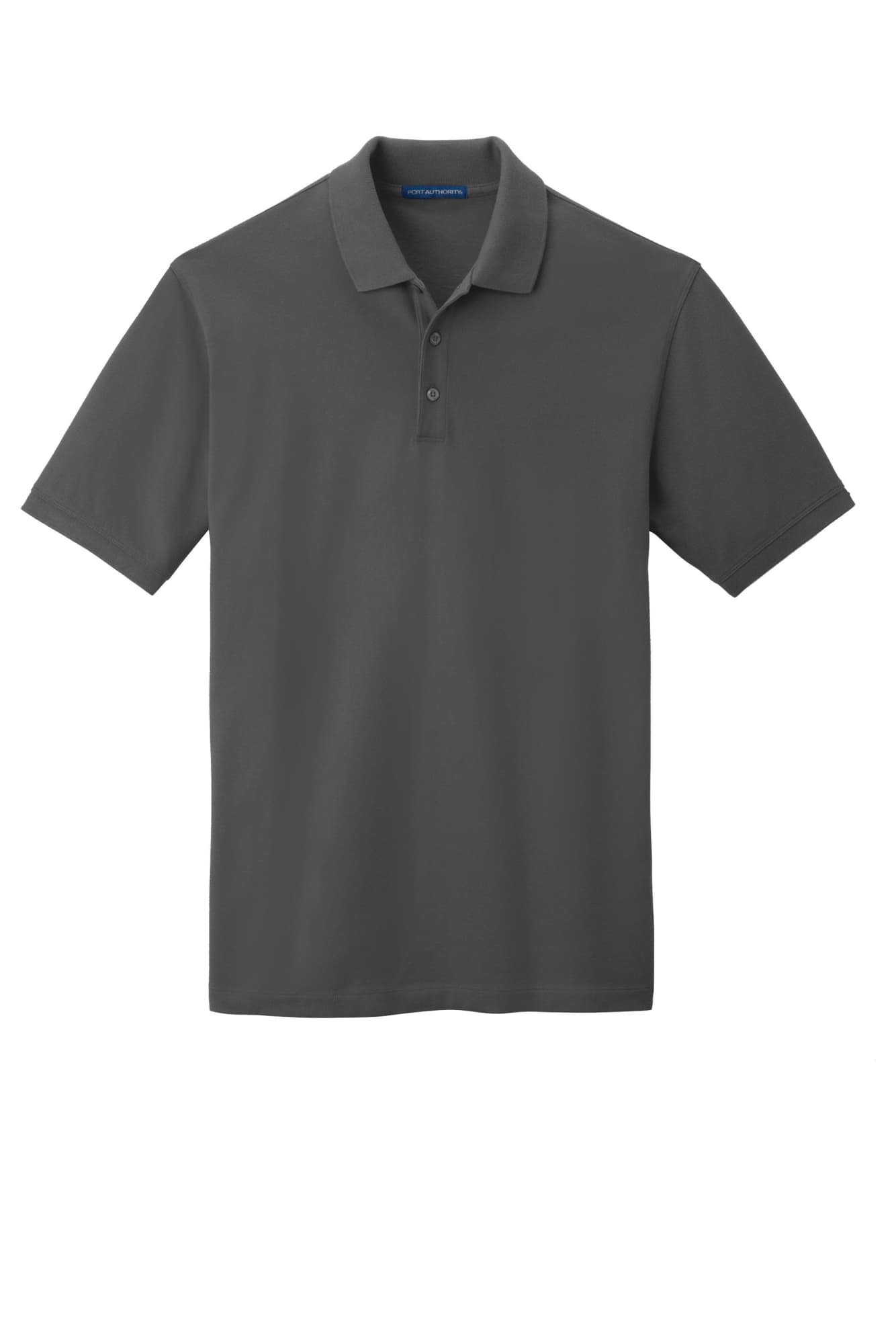 A dark grey polo shirt with a collar and a branding logo. Short sleeves and a classic fit design.