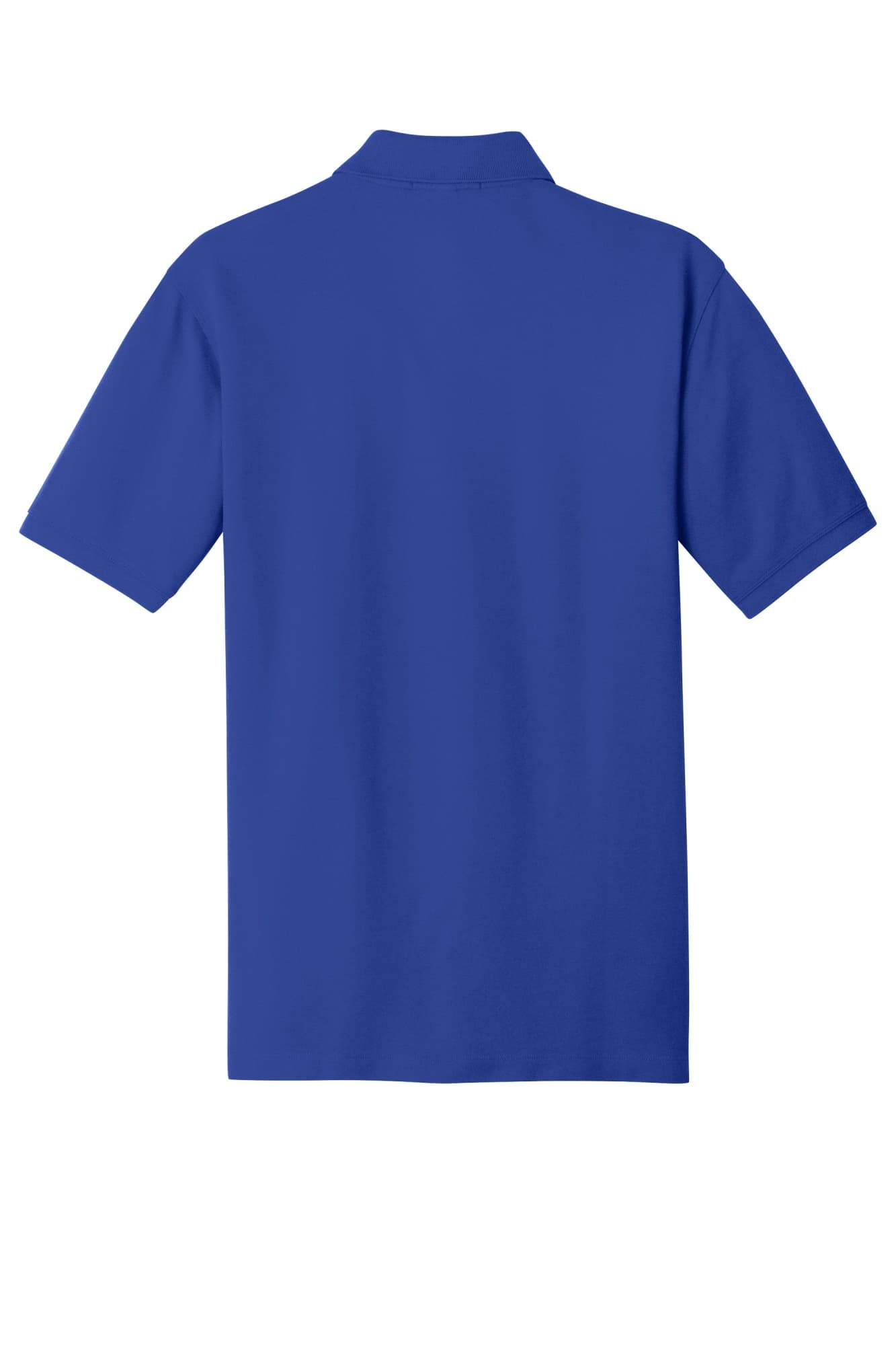 A blue polo shirt featuring a collar and short sleeves, with a logo on the back.