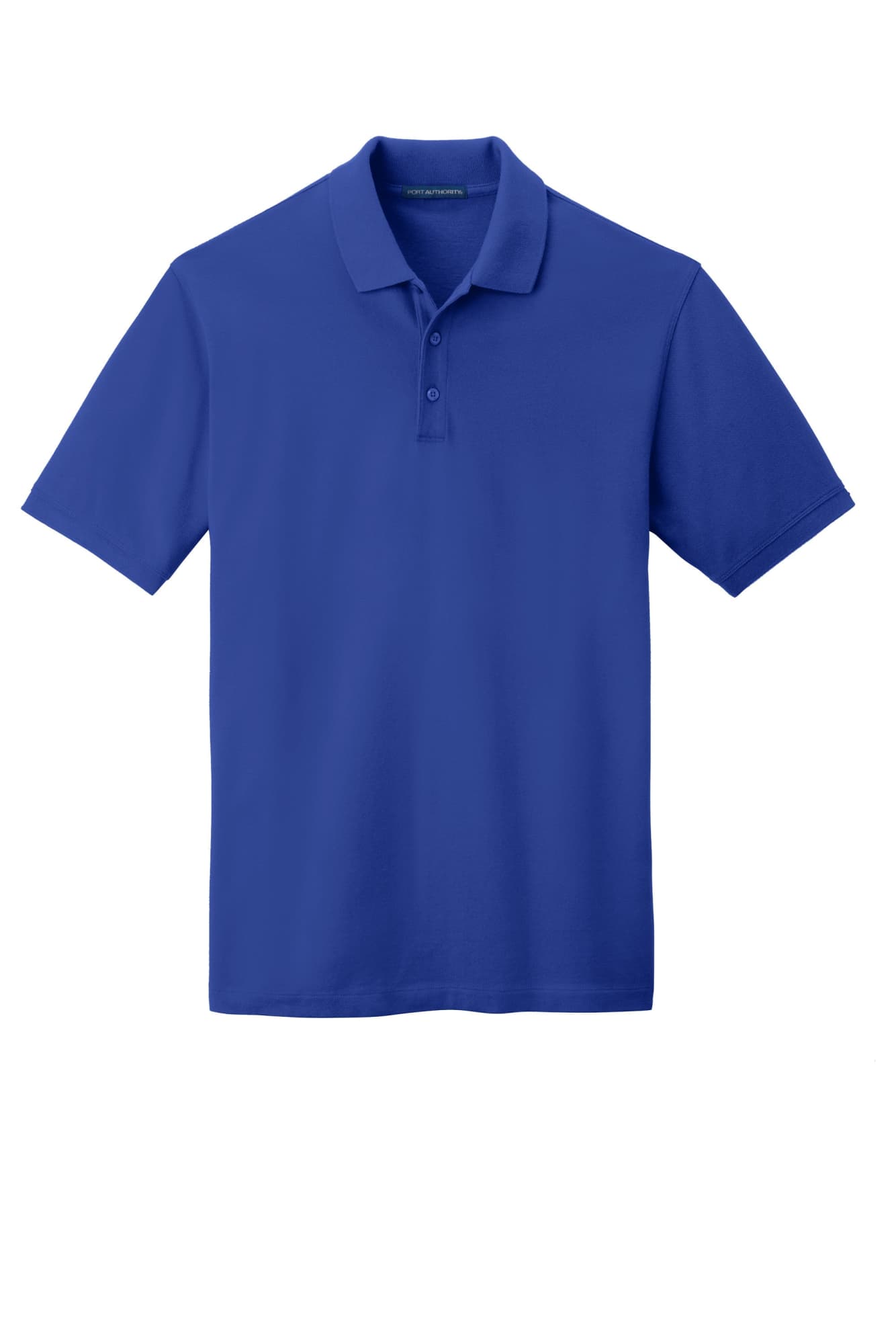 A blue polo shirt with a collar and short sleeves, featuring a logo on it.
