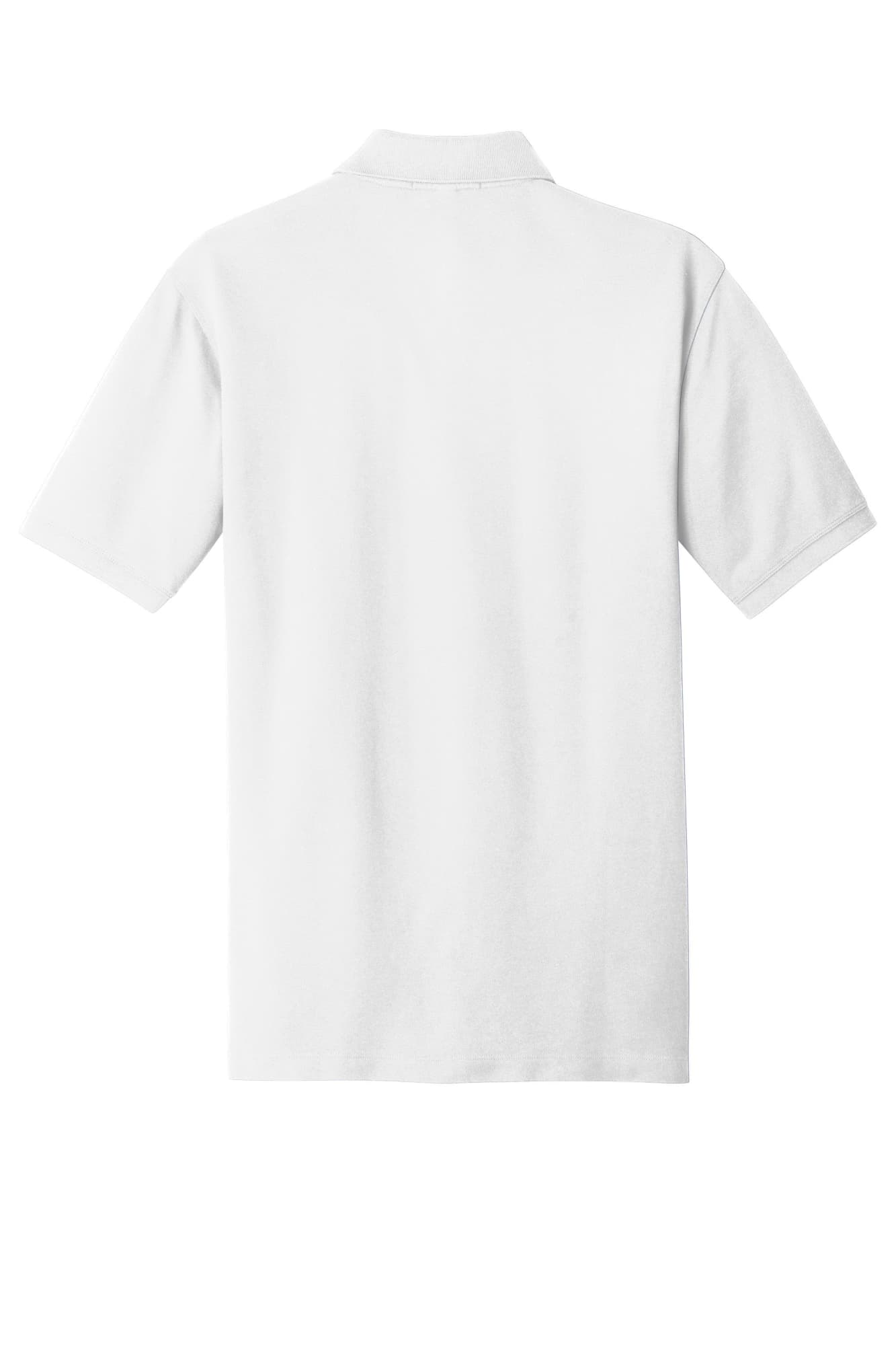 A white Port Authority EZCotton polo shirt featuring short sleeves and a folded collar, with a logo visible.