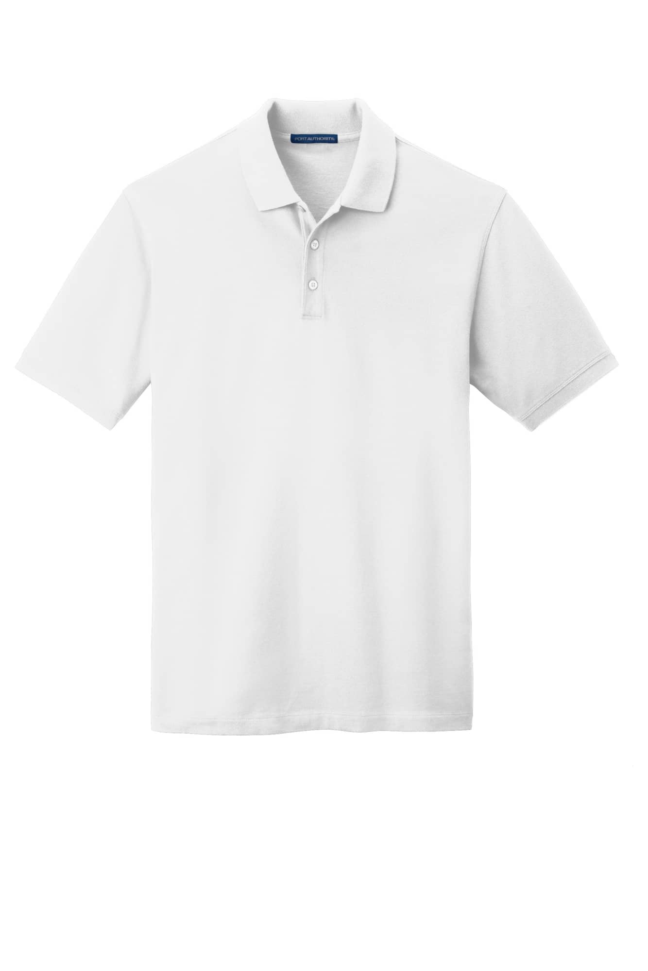 A white polo shirt featuring a collar and three buttons, with a logo on the chest area.
