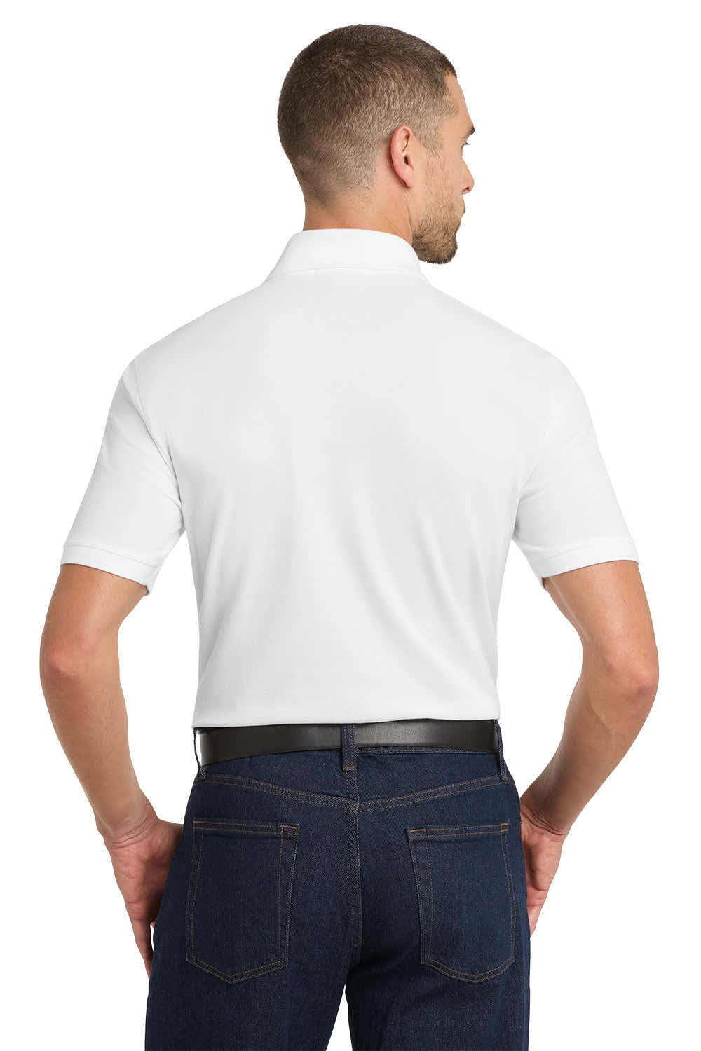 A white Port Authority EZCotton polo shirt viewed from the back, featuring short sleeves and a logo on the chest.