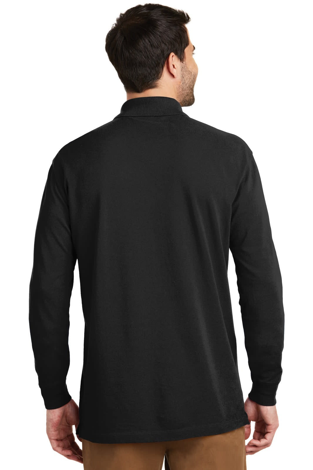 A man wearing a black long sleeve polo shirt, viewed from the back. The shirt has a logo.