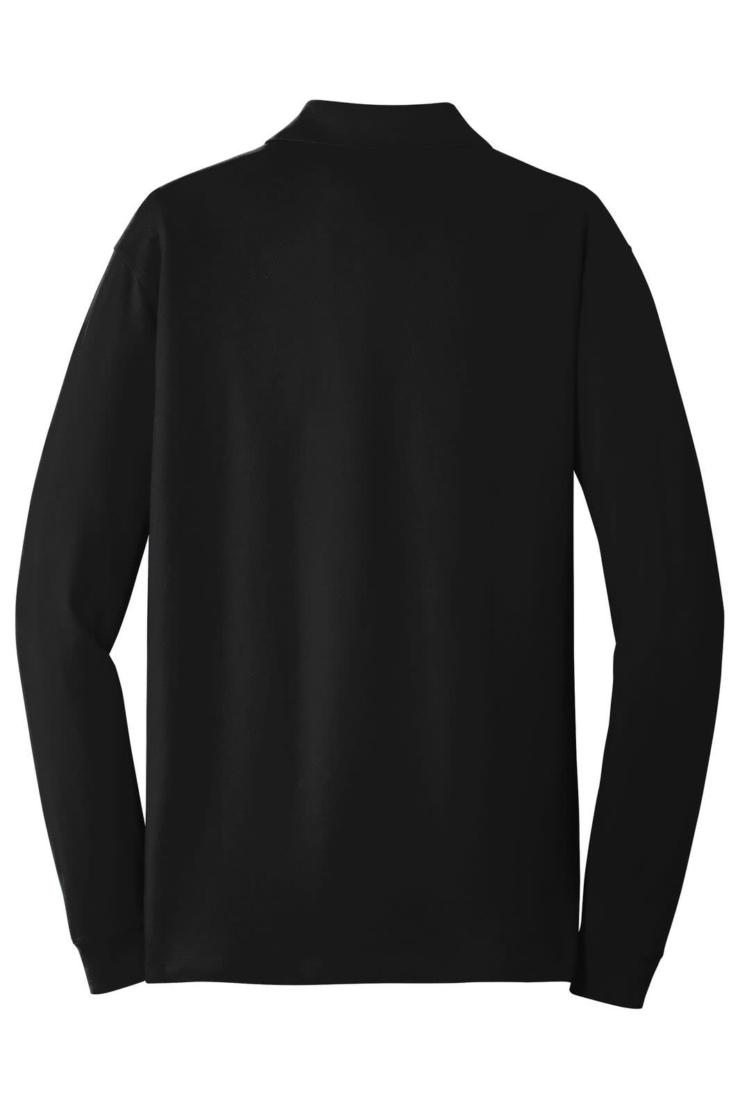 A black long sleeve polo shirt with a collar, featuring an unspecified logo or branding on the back.