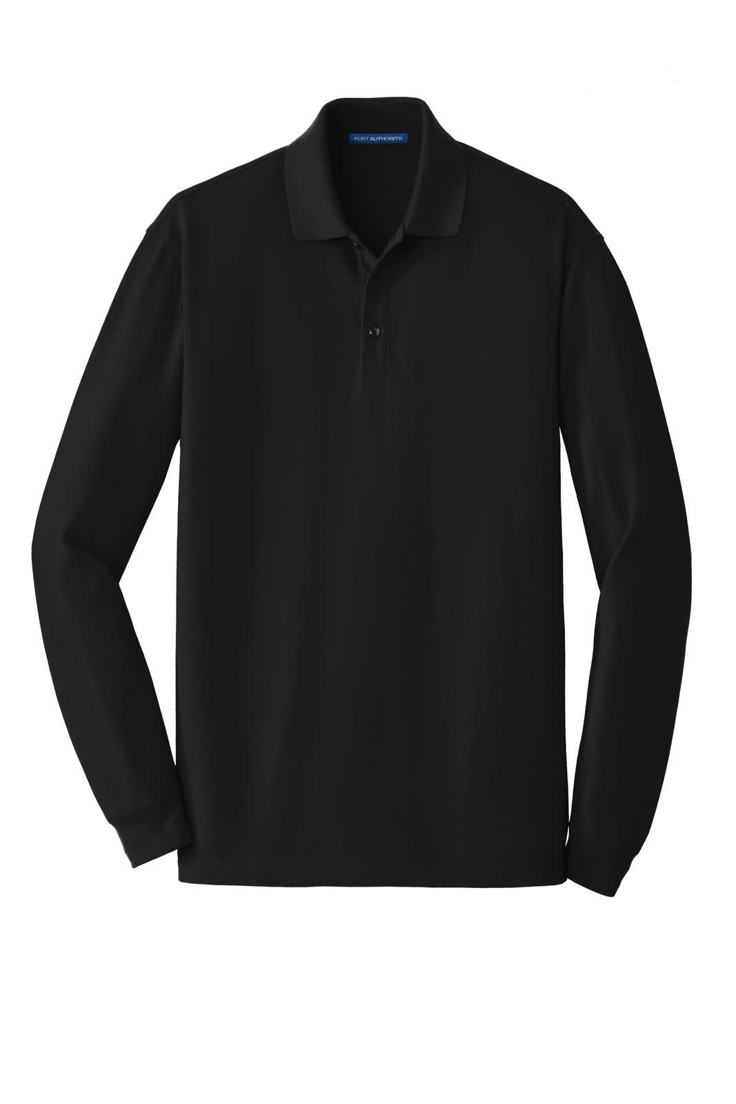 A black long sleeve polo shirt with a three-button collar and a logo on the chest.