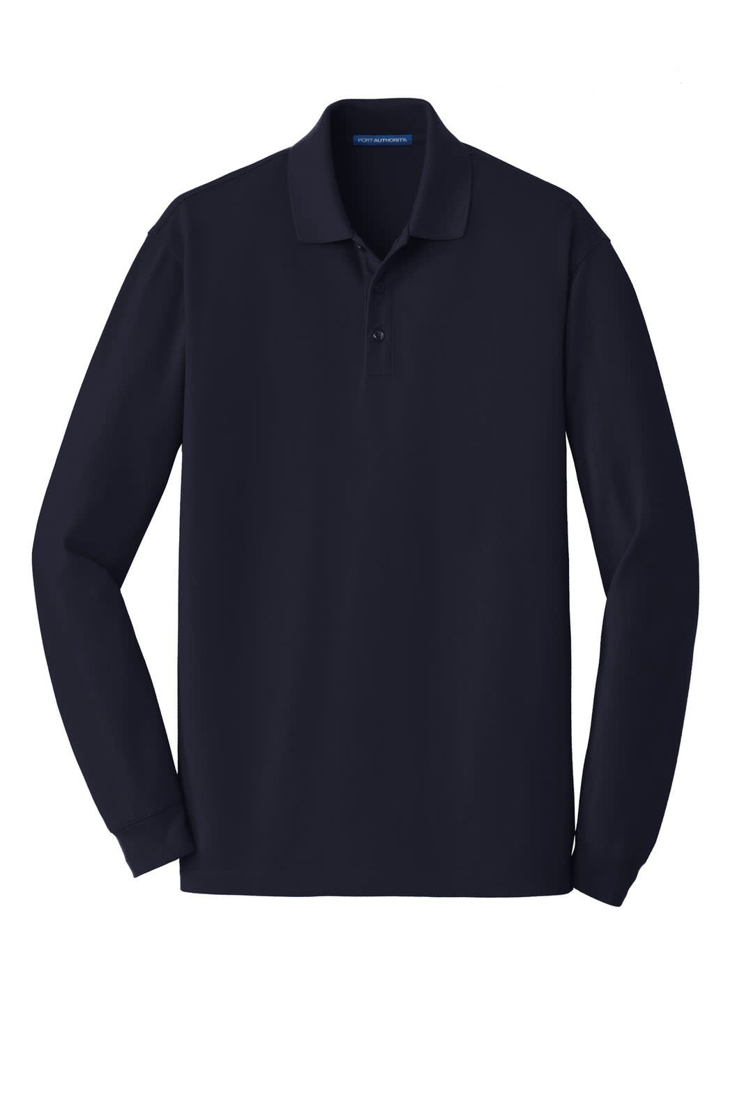 A navy long sleeve polo shirt with a classic collar and buttons, featuring a logo on the left side.