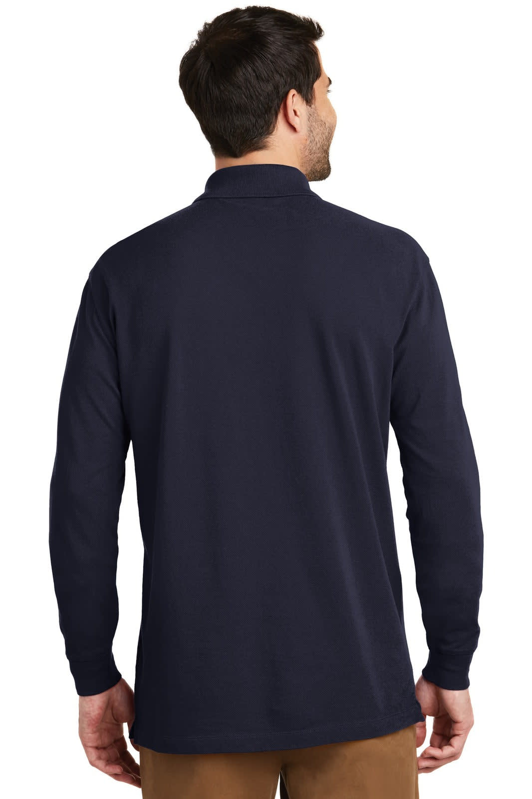 A man wearing a navy long sleeve polo shirt, featuring a collar and a brand logo on the back.