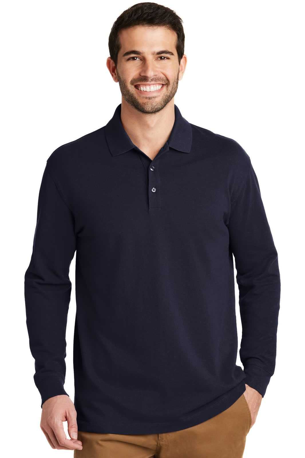A long sleeve navy polo shirt with a collar and buttons, featuring a branding logo.