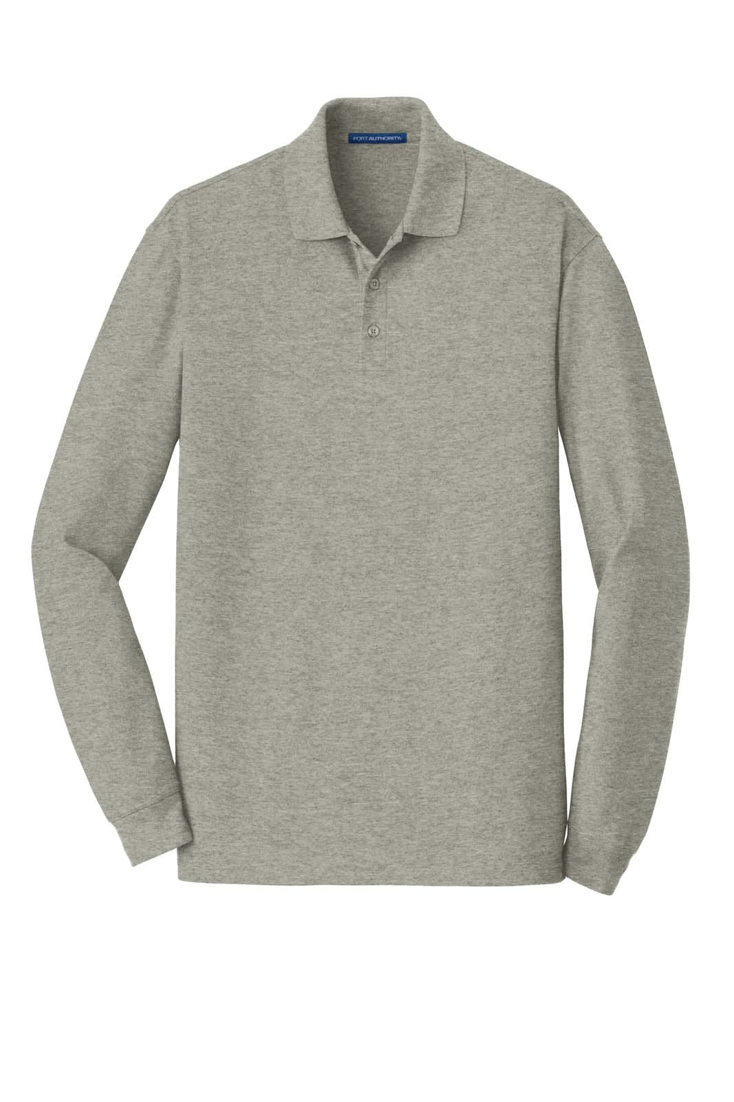 A light grey long sleeve polo shirt featuring a collar and a logo on the chest.