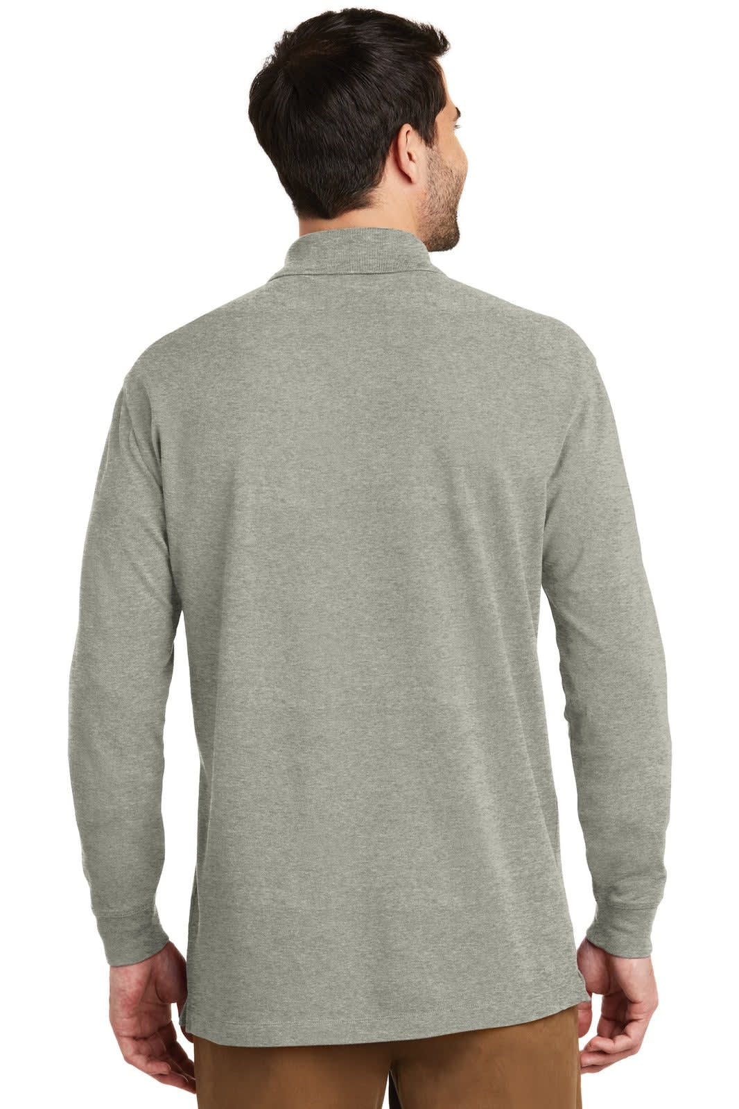 A long sleeve polo shirt in grey with a plain design and a branded logo on the back.