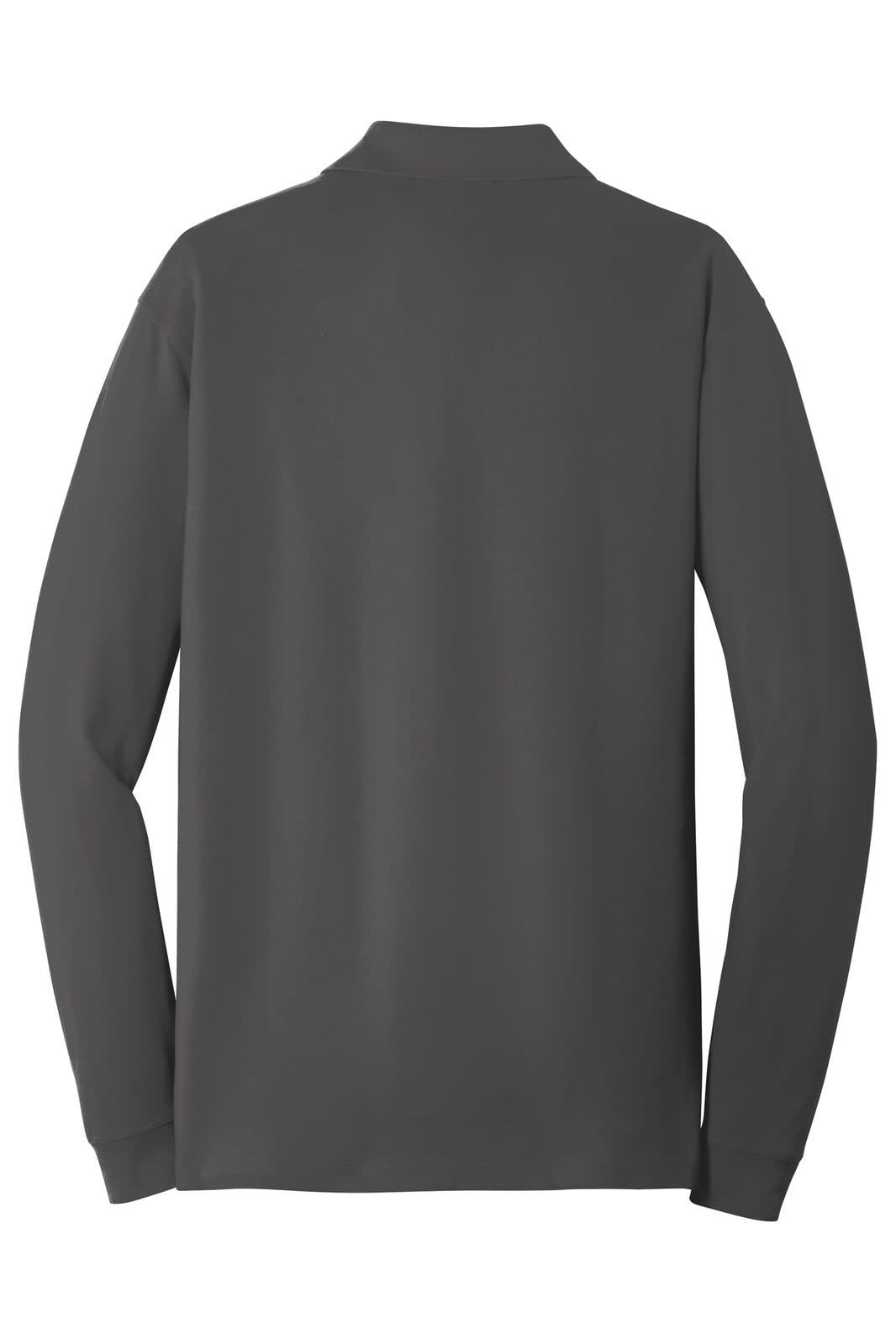 A grey long sleeve polo shirt with a collared neckline and a logo on the back.