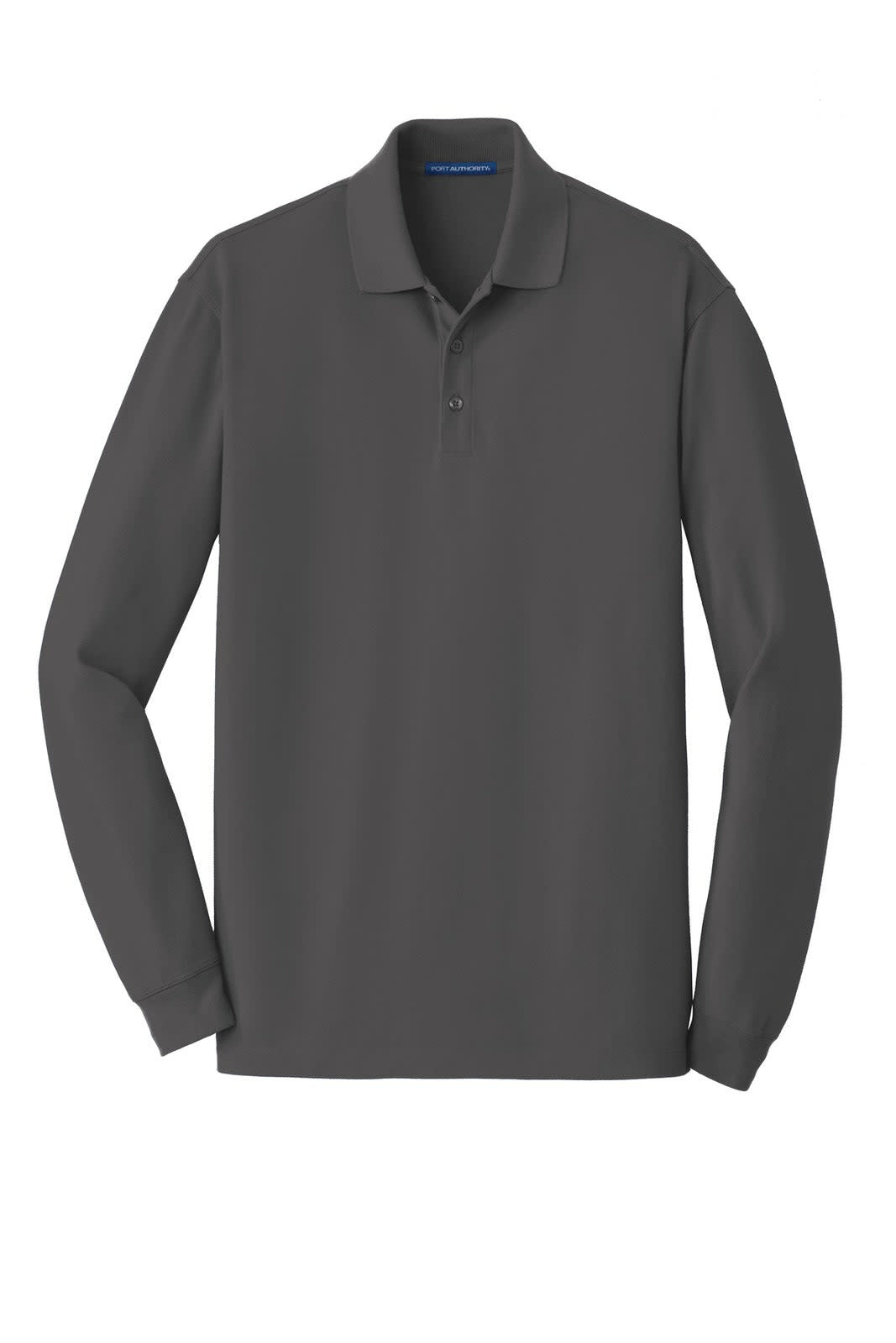A long sleeve polo shirt in charcoal grey with a collar and three buttons, featuring a logo on the chest.