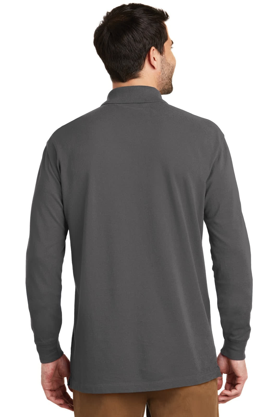 A man wearing a grey long sleeve polo shirt with a collar, featuring a visible logo on the back.
