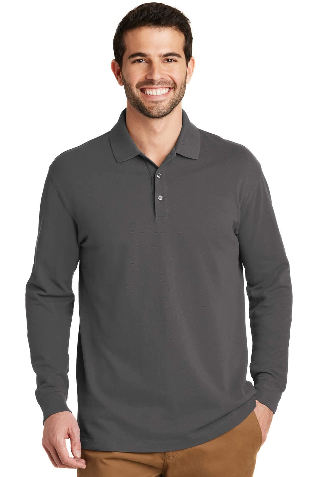 A long sleeve polo shirt in dark grey, featuring a collar and three-button placket, with a logo on the chest.