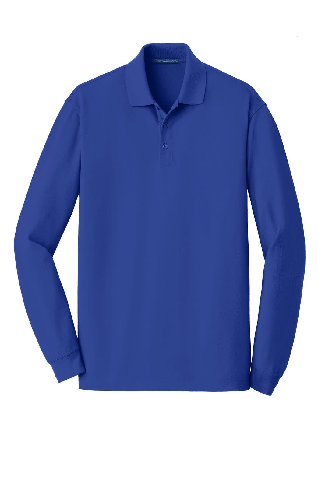 A long sleeve polo shirt in bold blue, featuring a collar and three-button placket. It has a logo.