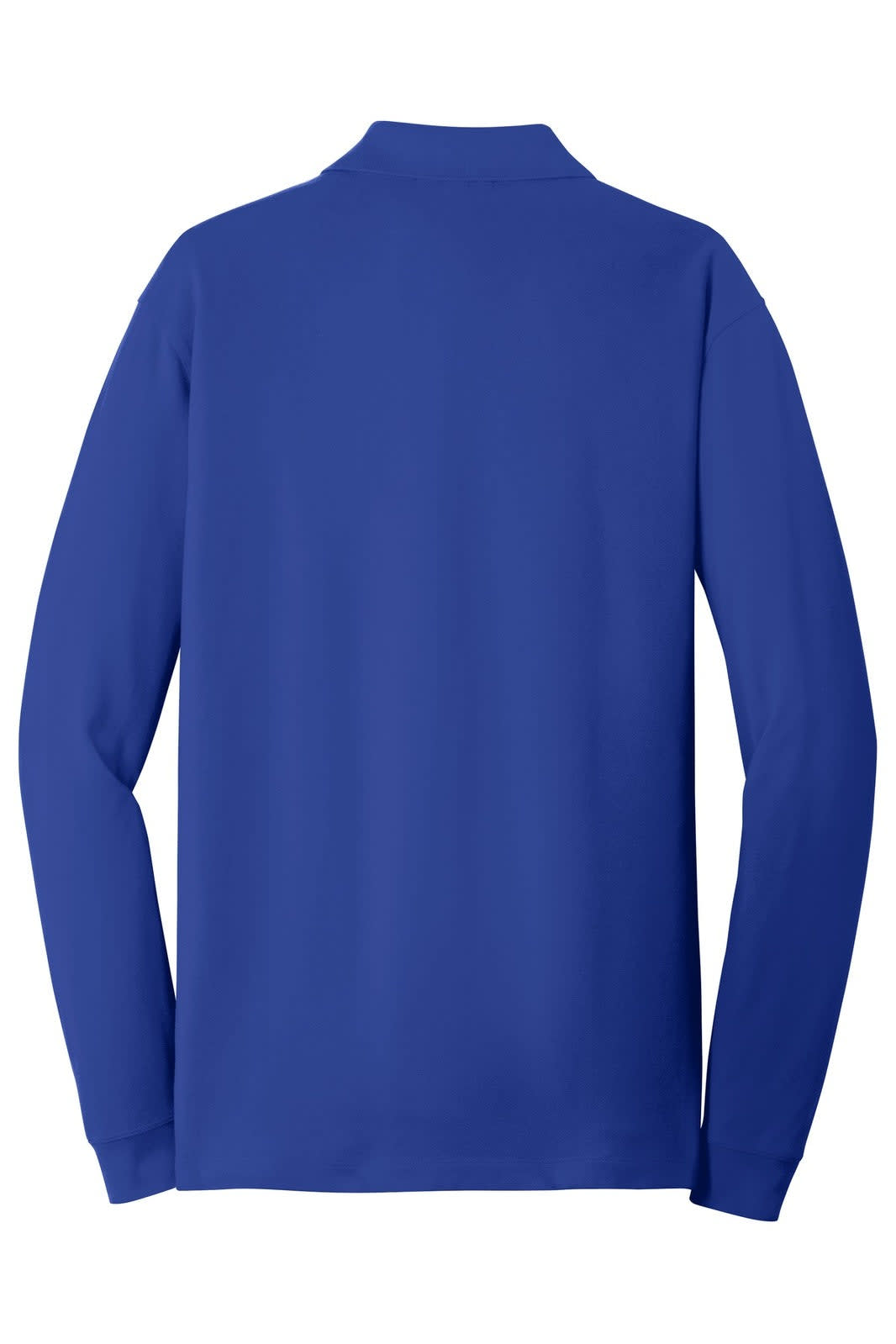 A long sleeve polo shirt in blue with a solid back design and a collar. The shirt includes a logo.