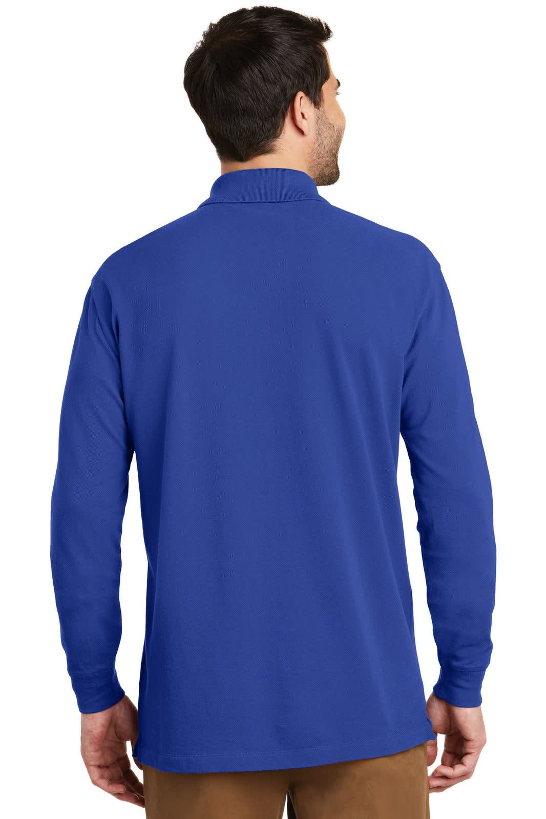 A blue long sleeve polo shirt with a collar, featuring a logo, displayed from the back.