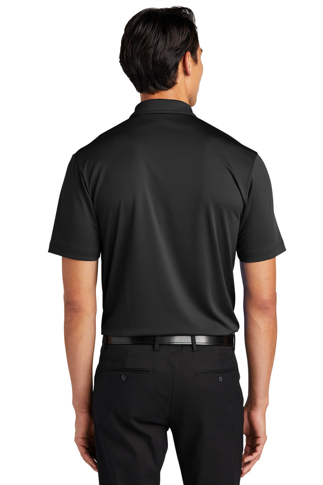 A black polo shirt with a logo, viewed from the back, paired with black trousers.