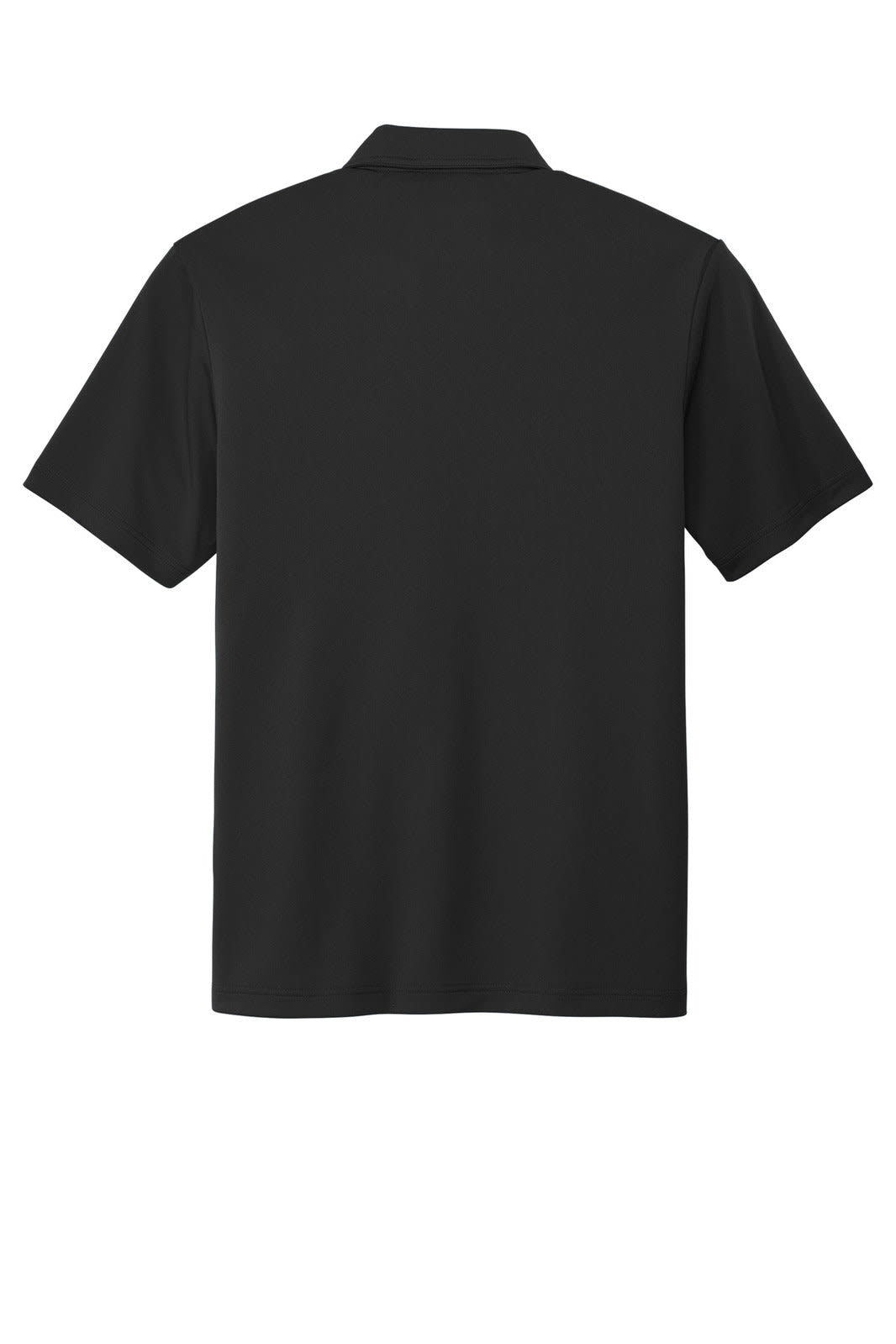 A black polo shirt with short sleeves, featuring a collar and a logo. The back side is displayed.