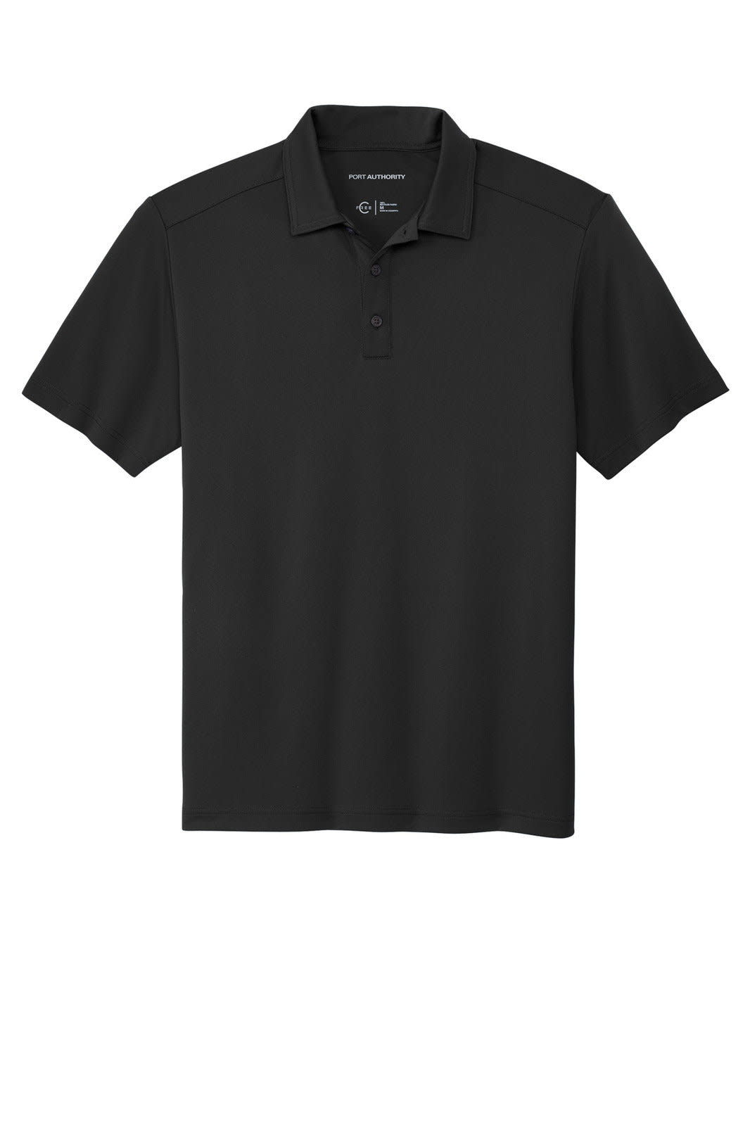 A black polo shirt featuring a collar and a logo. It has a snag-proof design and short sleeves.