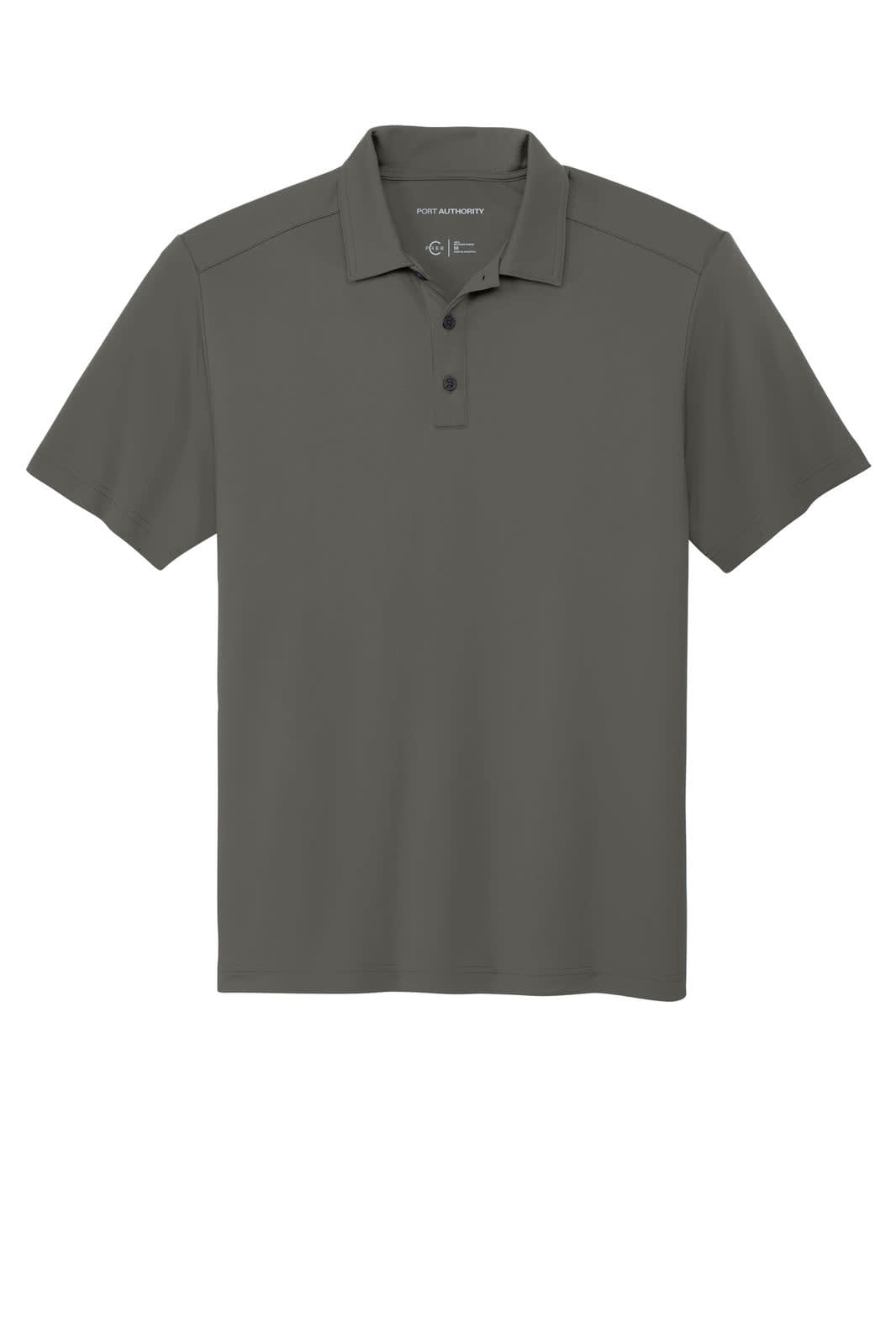 A grey polo shirt with a collar and three buttons, featuring a logo on the chest.