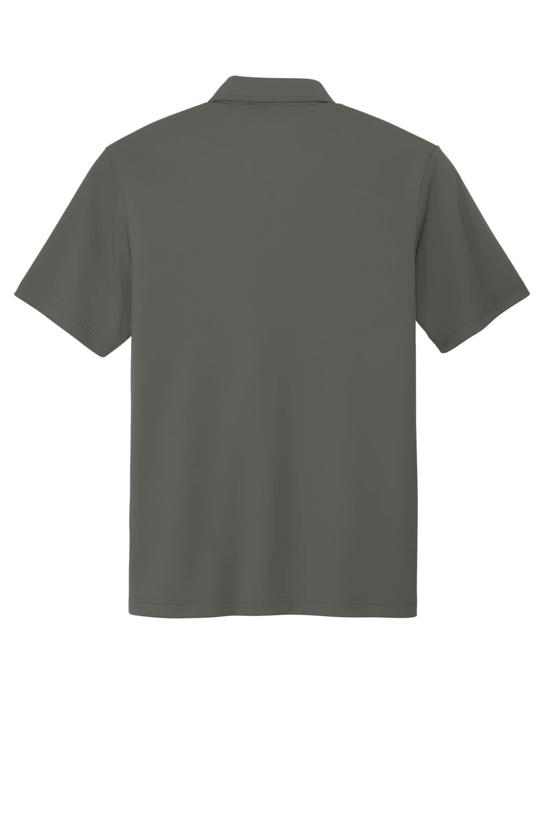 A grey, short-sleeved polo shirt with a collar, featuring a logo on the back.