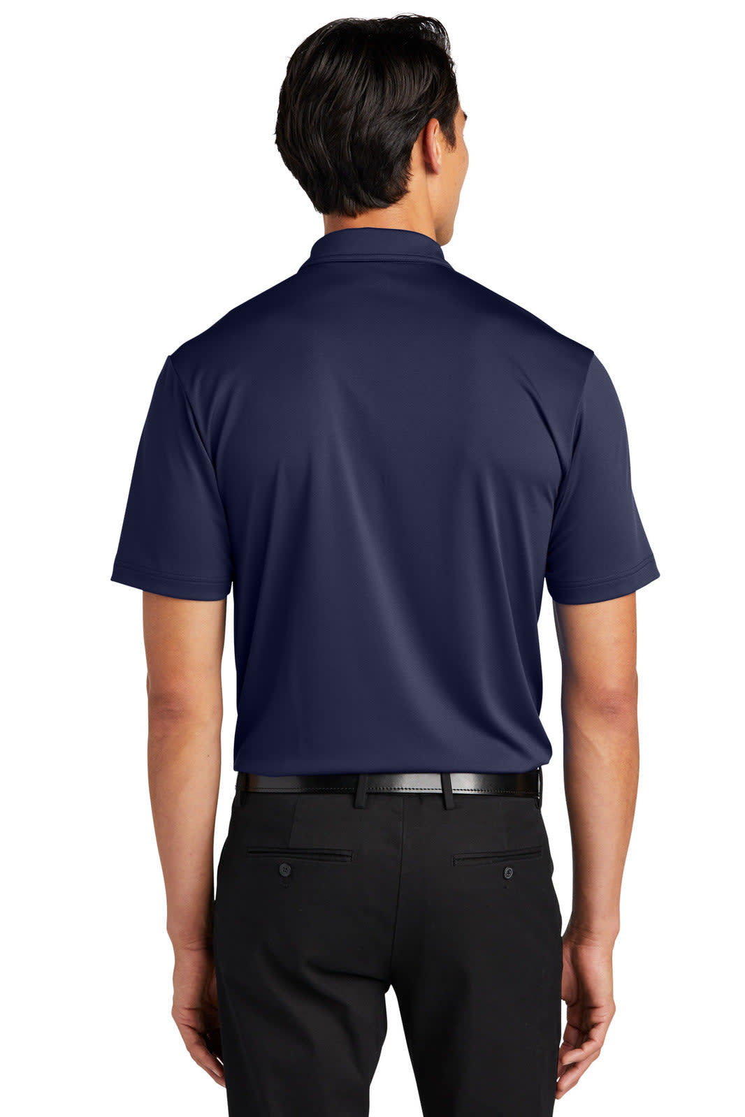 A navy polo shirt with a short collar, featuring a back view of a man wearing it. It has a logo on the back.