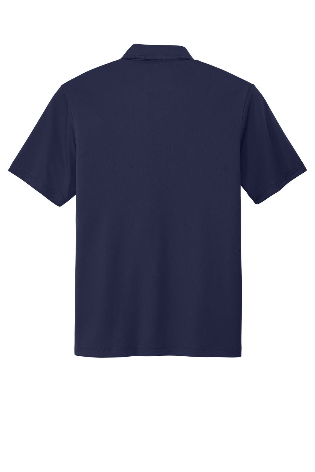 A navy blue polo shirt featuring a collar and short sleeves, with a logo on the back.