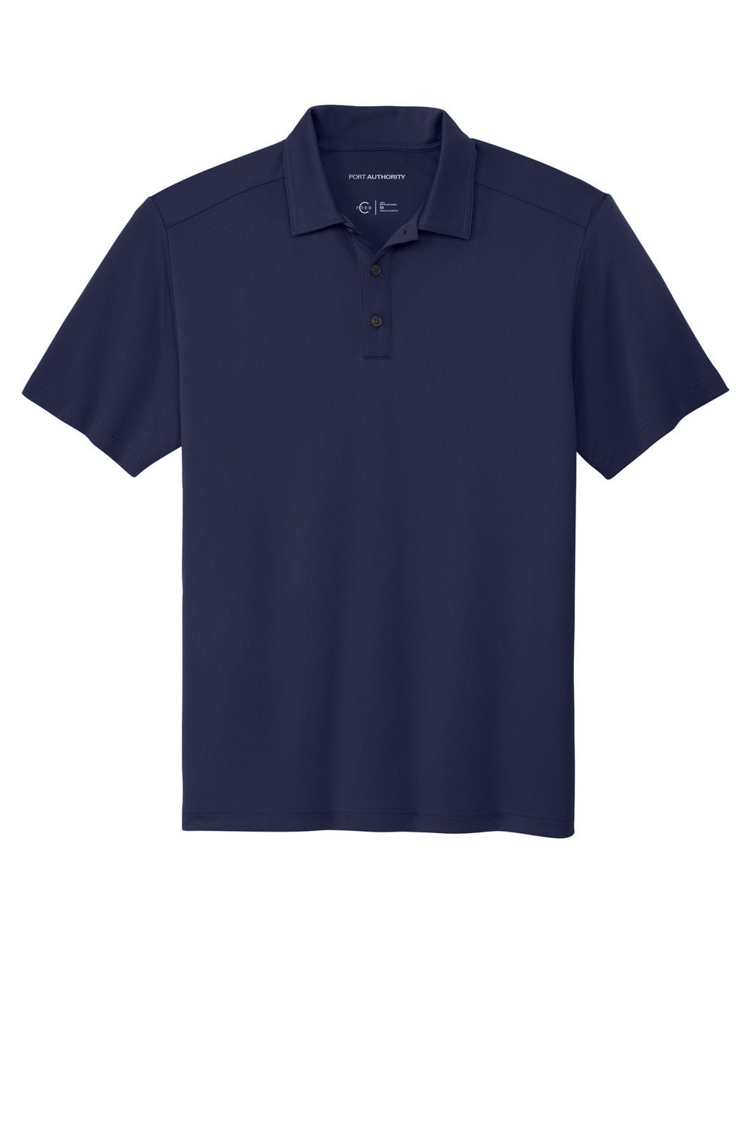 A navy polo shirt with a classic collar, featuring three buttons and a logo on the chest. Snag-proof fabric.