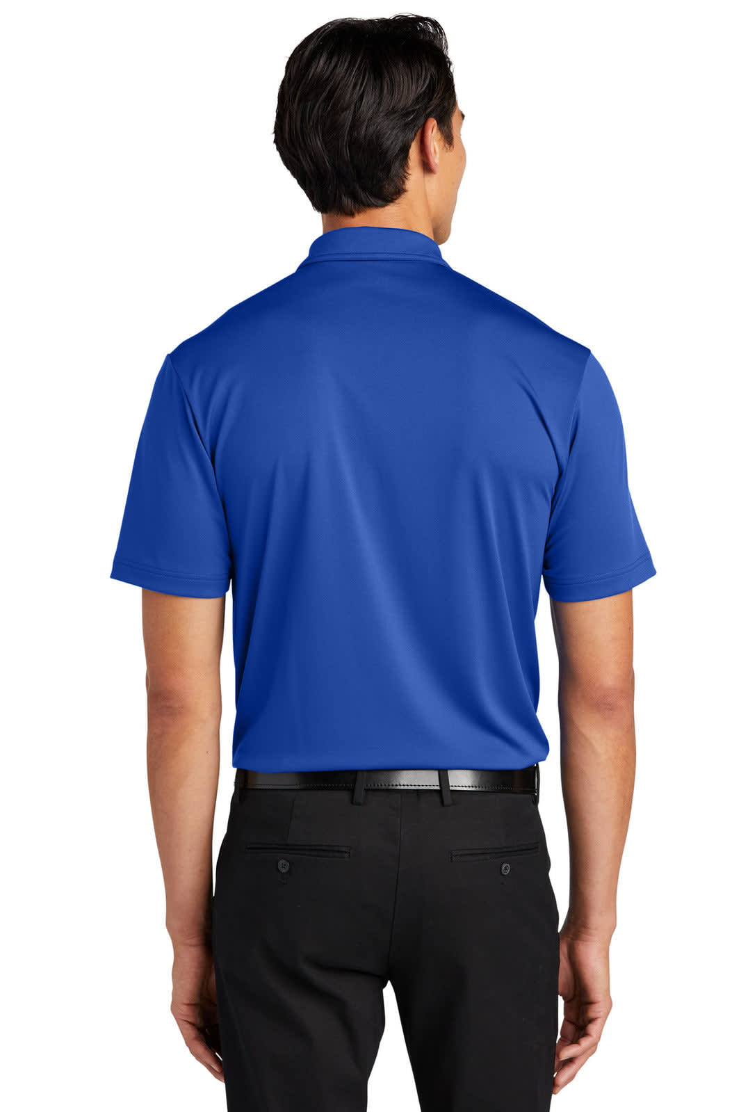A blue polo shirt with a short sleeve design, featuring a branding logo on the back.