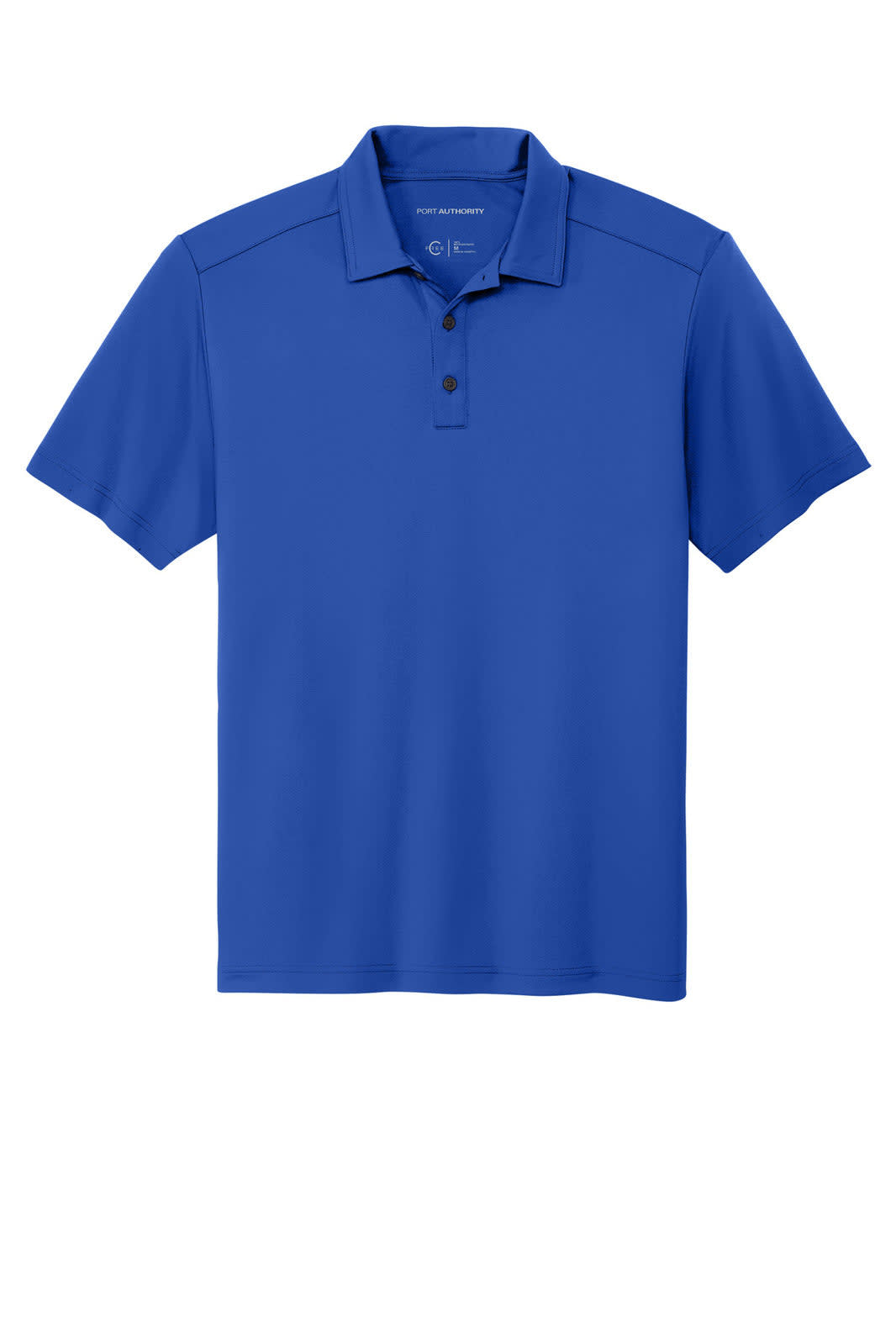A blue polo shirt with a collar, featuring a logo, and designed to be snag-proof.