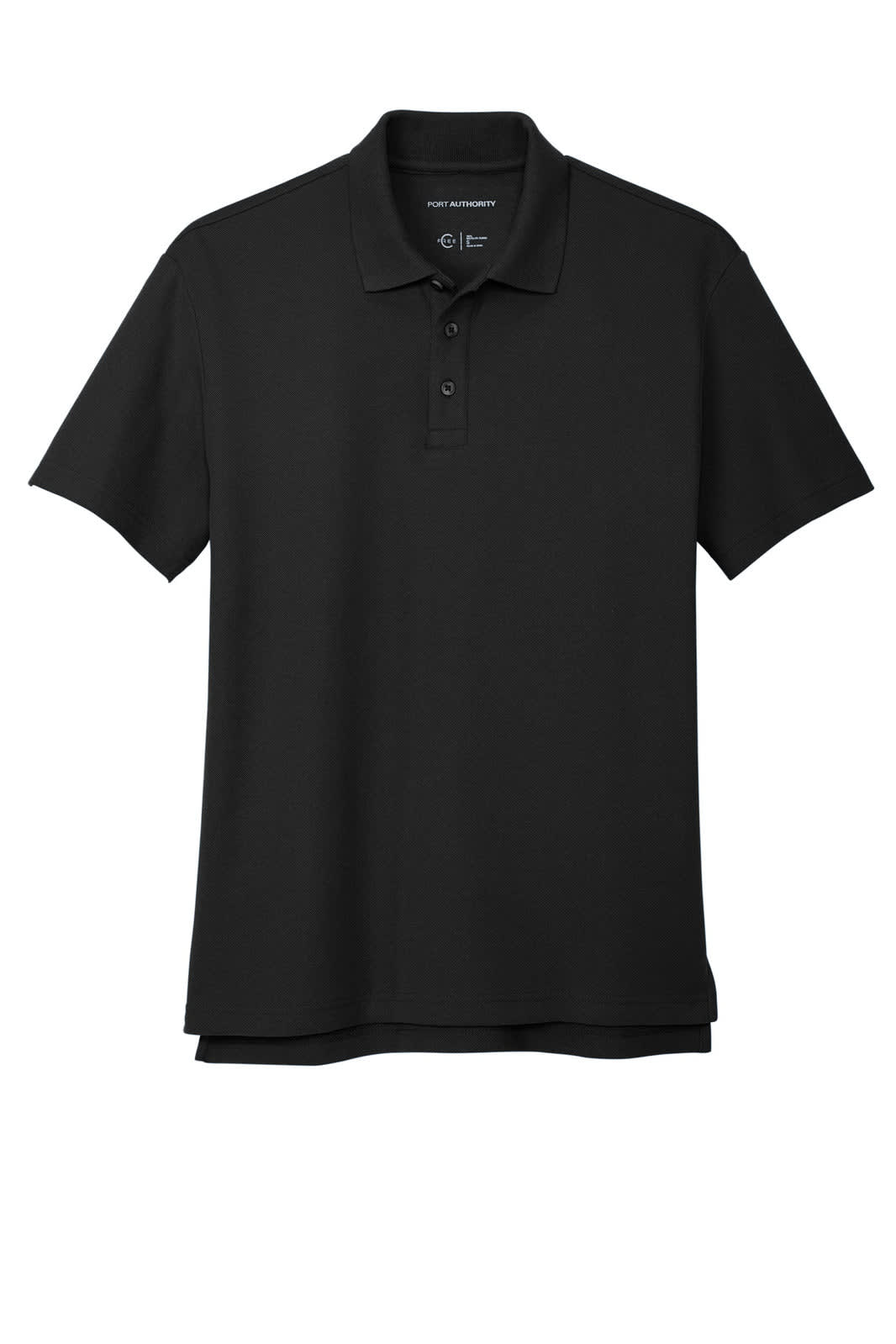 A black polo shirt with a three-button placket and a branding logo.