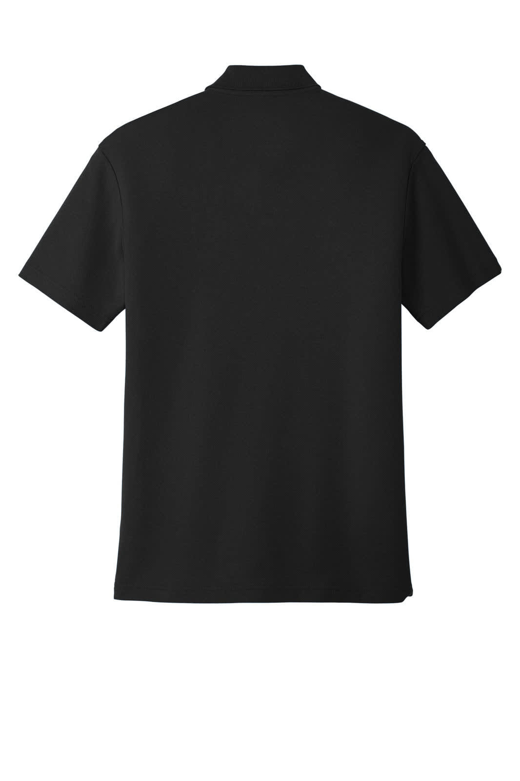 A black polo shirt featuring a classic collar and short sleeves. Includes a logo on the front.