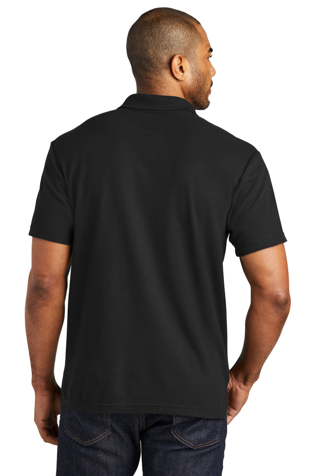 A black polo shirt with a short sleeve design, showing the back view of a model. It features a logo.