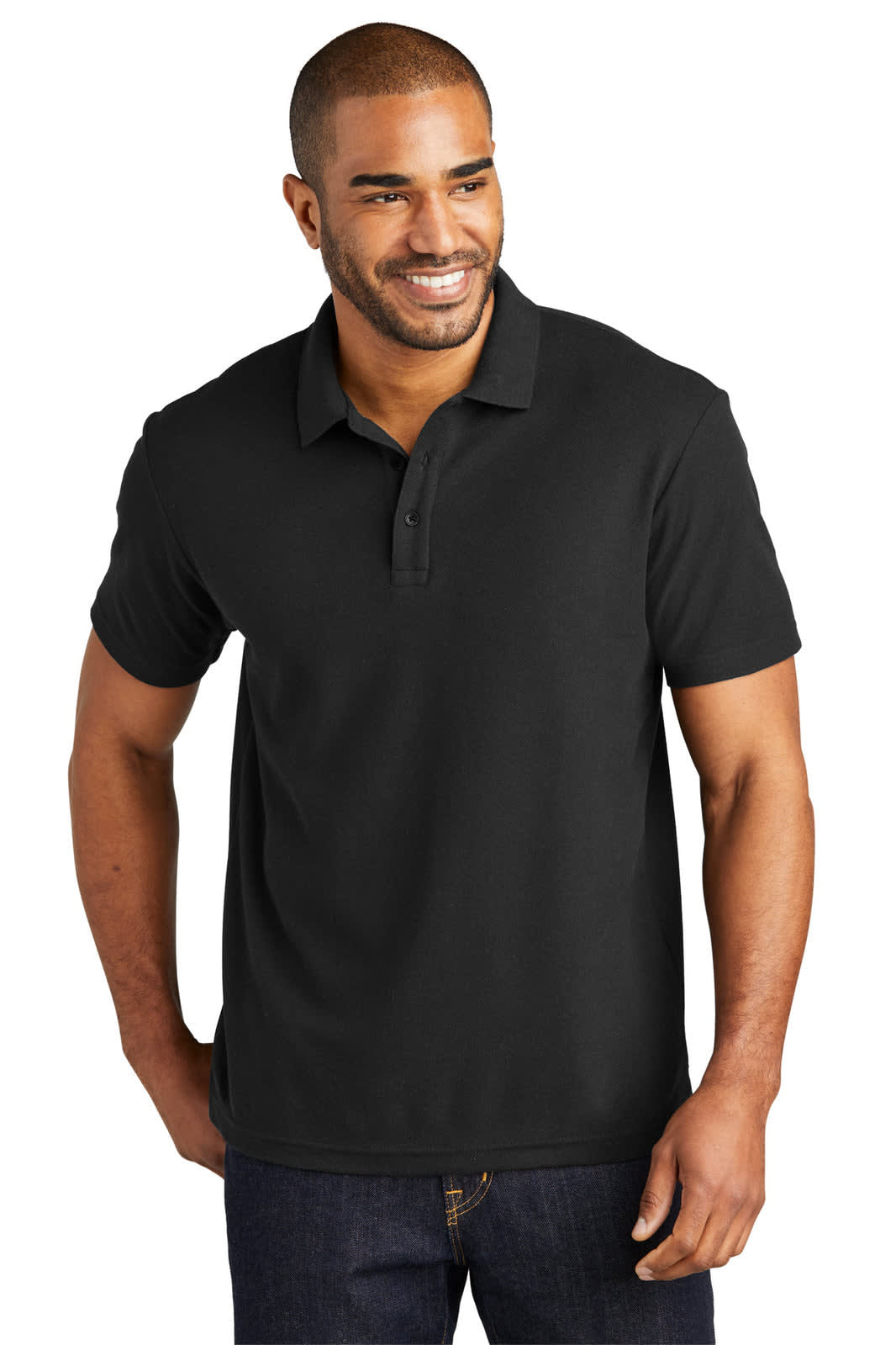 A black polo shirt with a collar and short sleeves, featuring a logo on the chest.