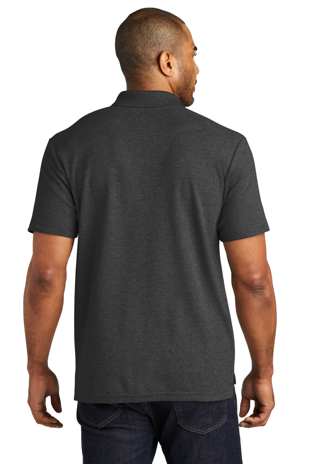 A person wearing a charcoal grey polo shirt with a collar, viewed from the back. The shirt features a logo.