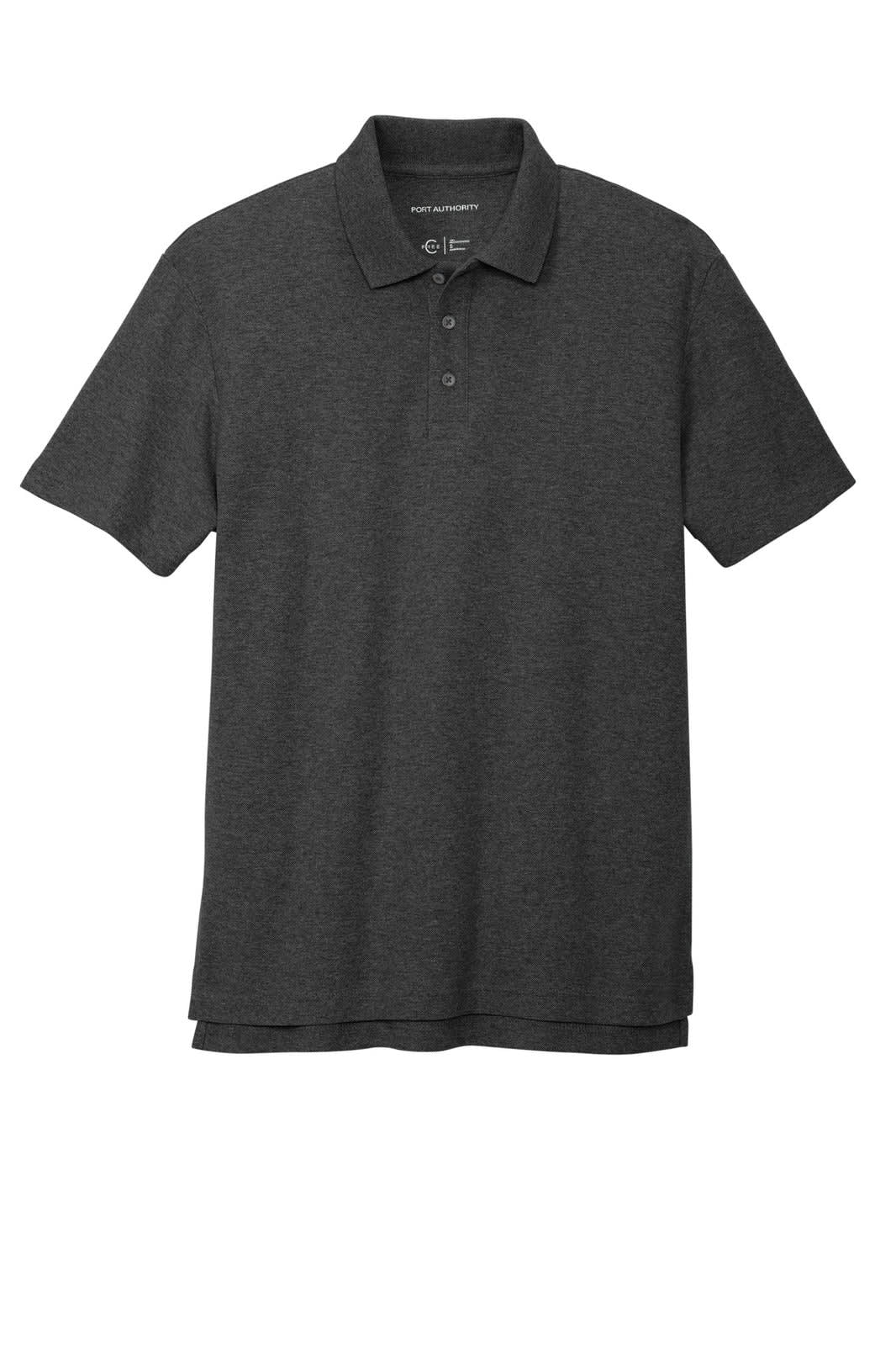 A dark grey polo shirt with a collar and three buttons, featuring a branding logo.