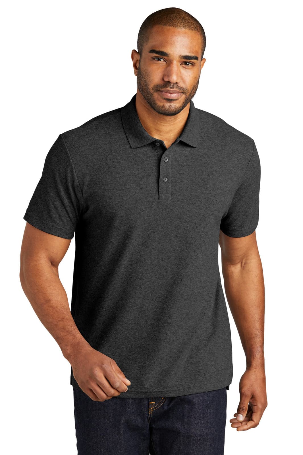 A dark grey polo shirt with a collar, featuring a logo, worn by a man.