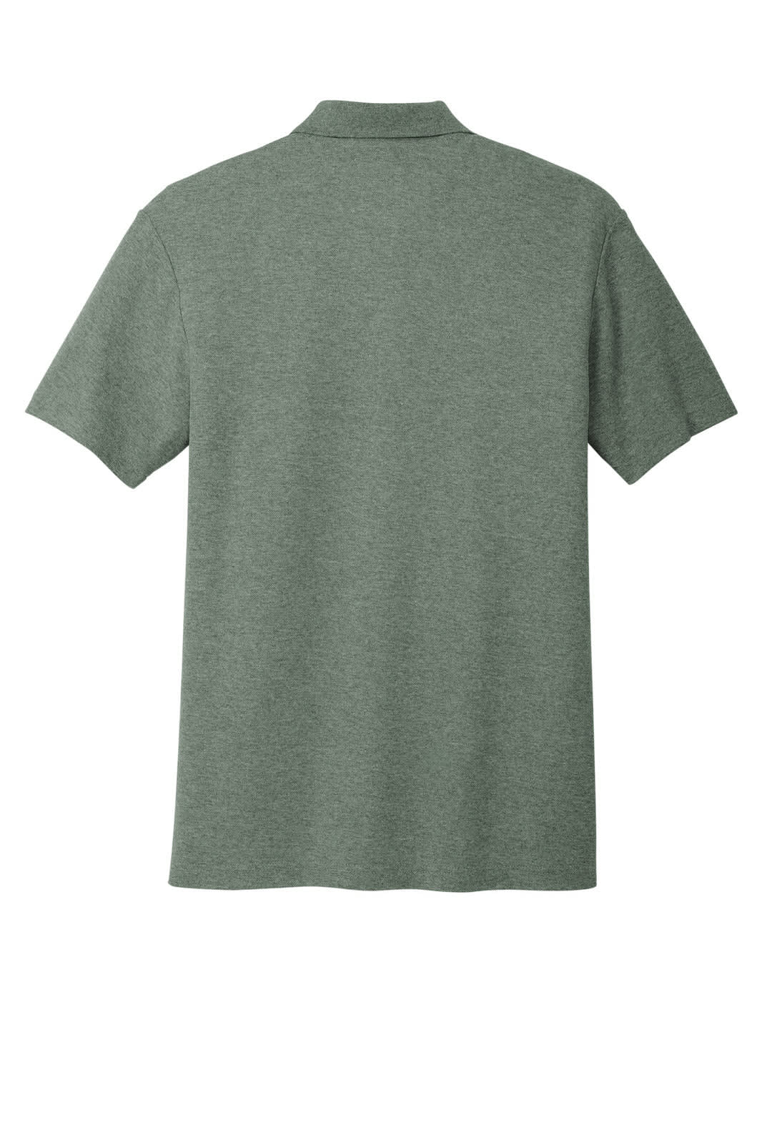A green polo shirt with short sleeves and a collar, featuring a logo on the back.