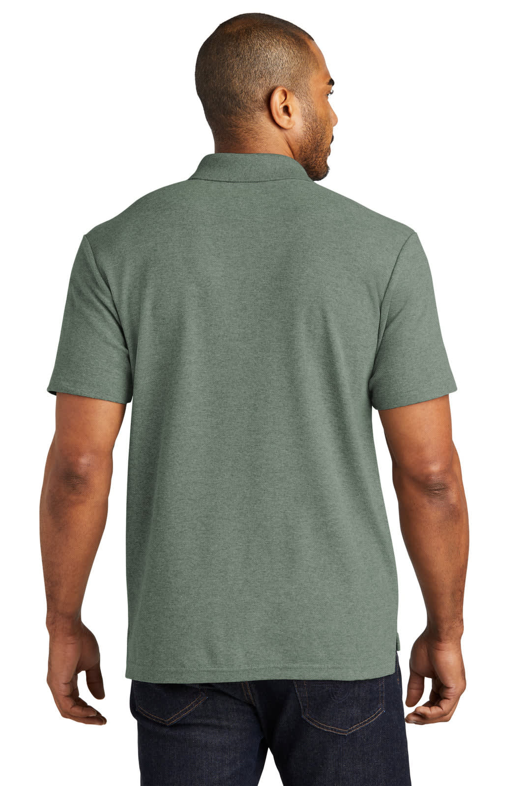 A man wearing a green C-FREE cotton blend pique polo shirt, viewed from the back. The shirt features a logo.
