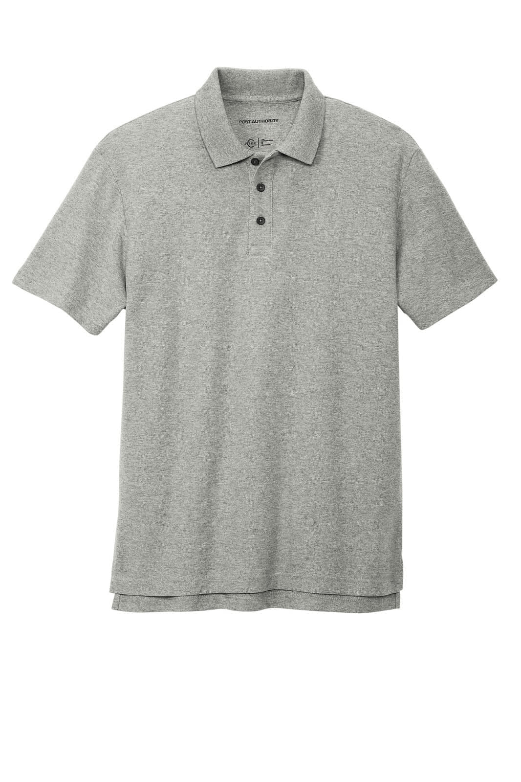 A grey polo shirt with a classic collar, featuring three buttons and a logo on the chest.