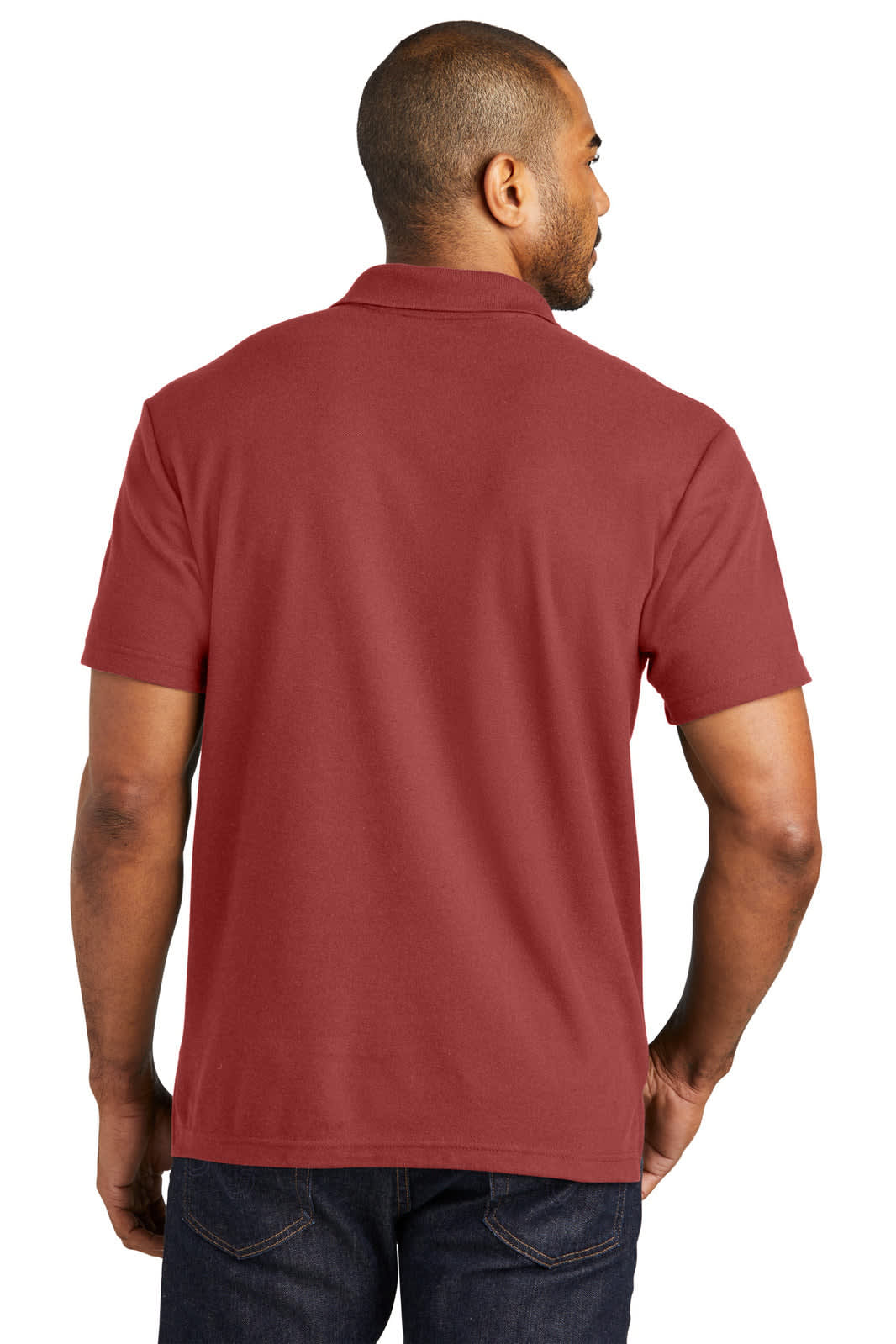 A man wearing a maroon polo shirt from the back, showcasing the garment's fit and style. The shirt has a logo.