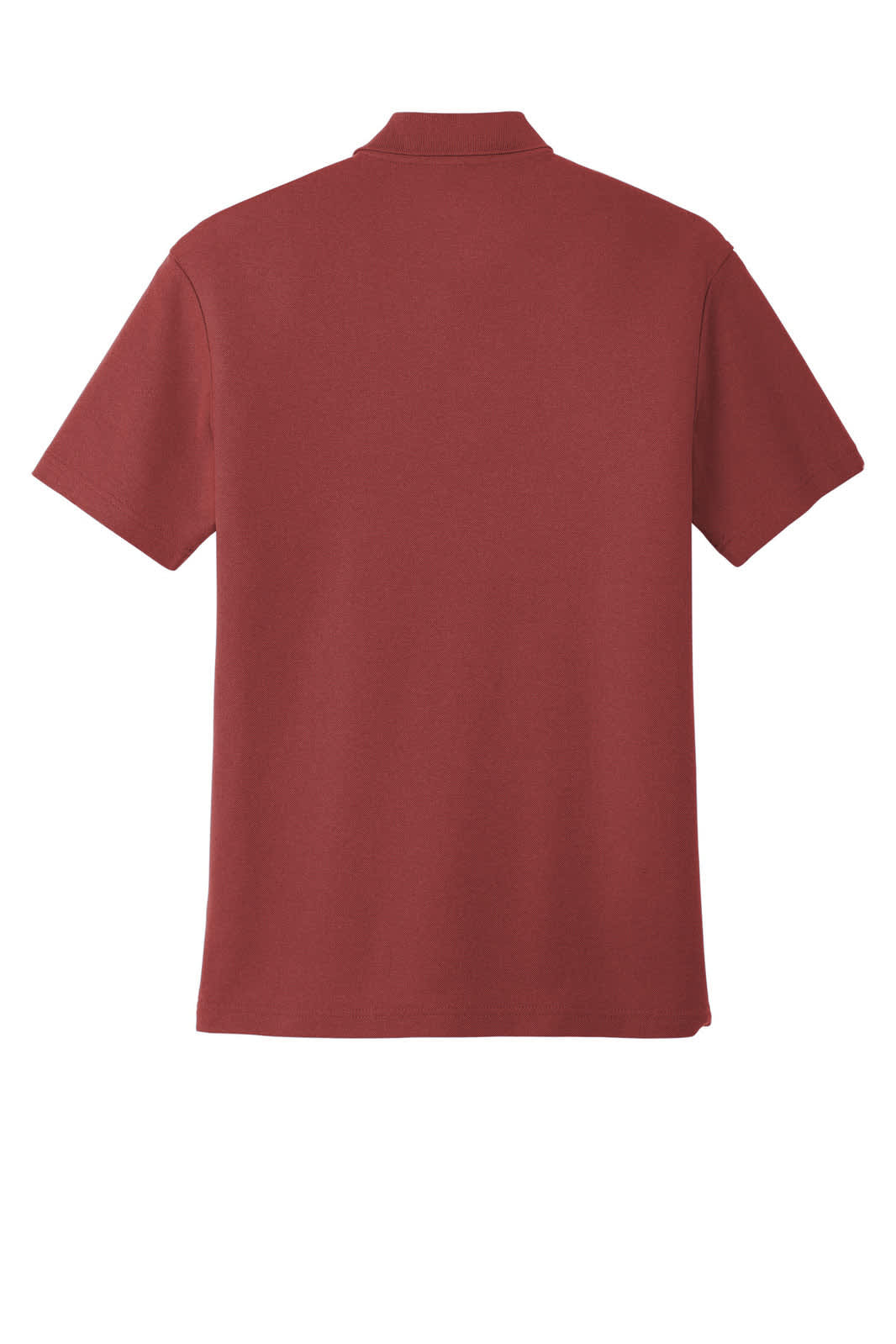 A red polo shirt made from a cotton blend, featuring a collar and short sleeves. It has a logo on the back.