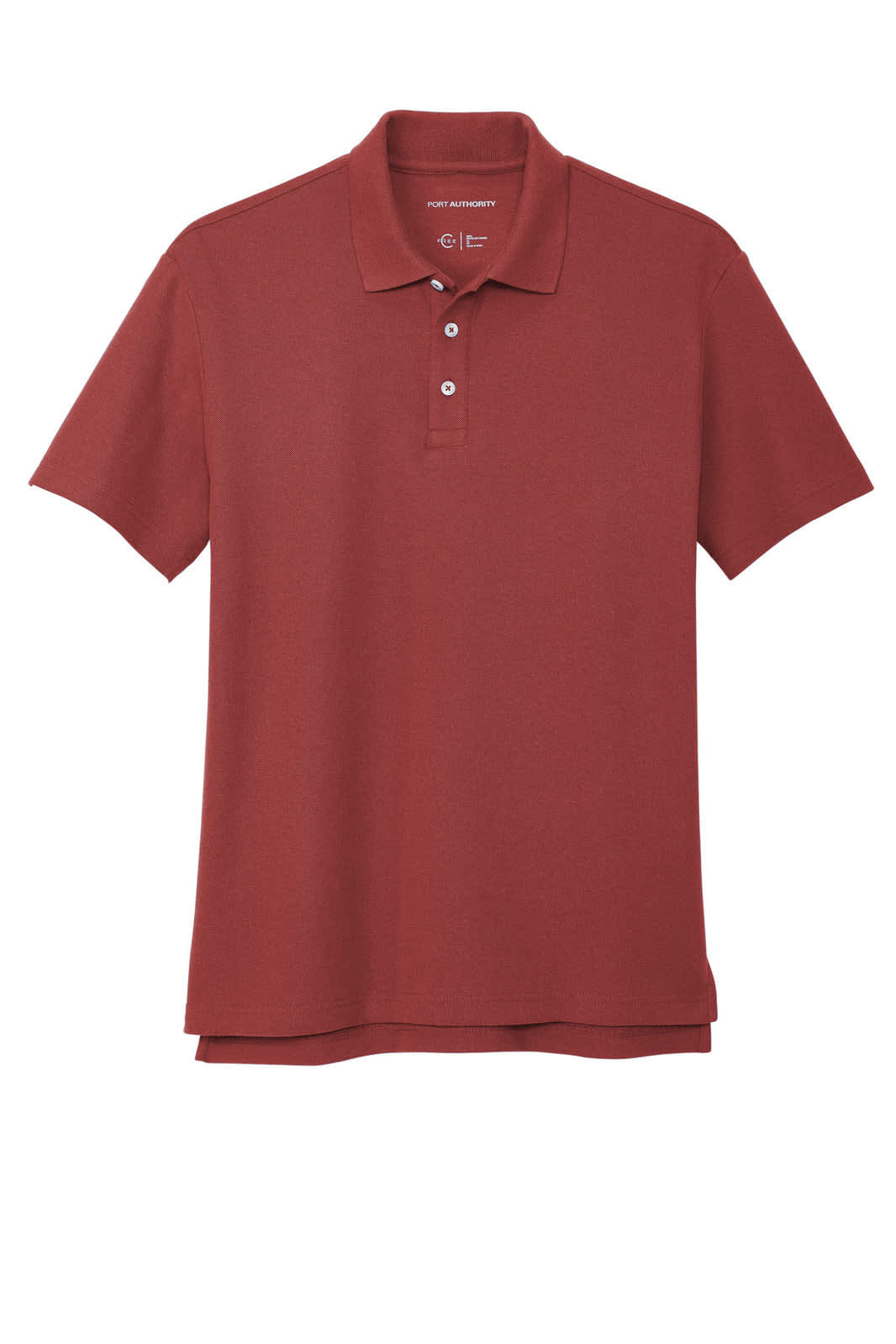 A red Port Authority C-FREE Cotton Blend Pique Polo shirt with a collar and three-button placket.