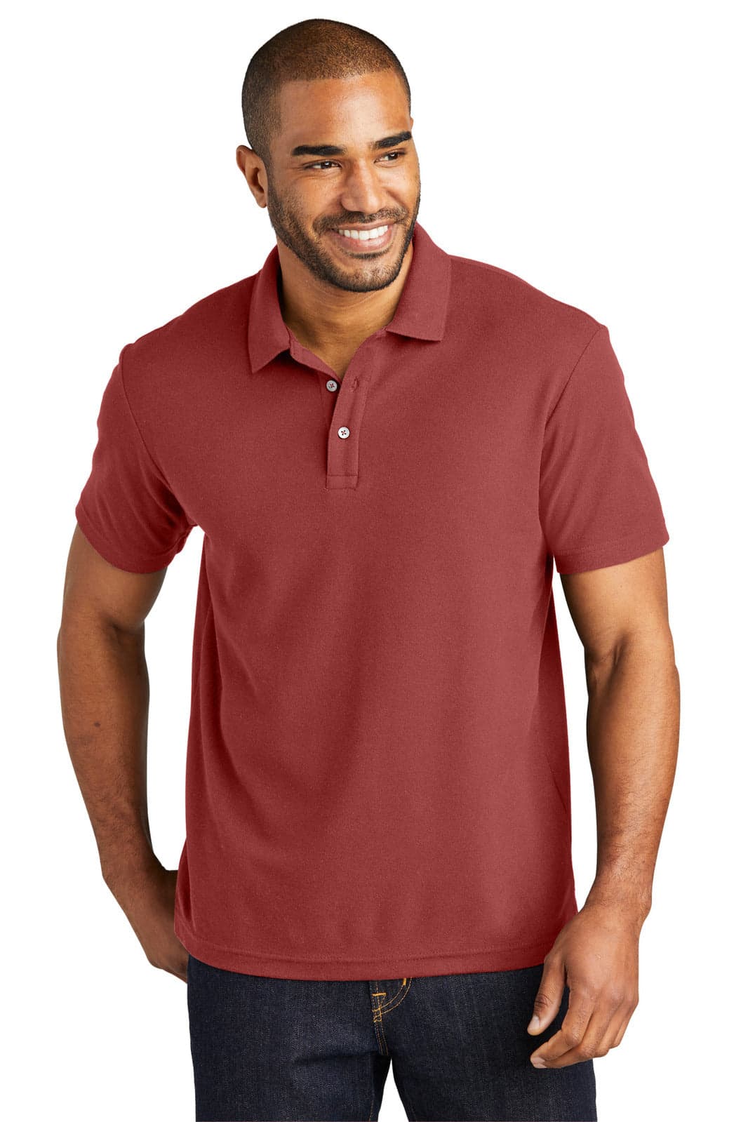 A man wearing a red polo shirt with a collar and three buttons, featuring a logo.