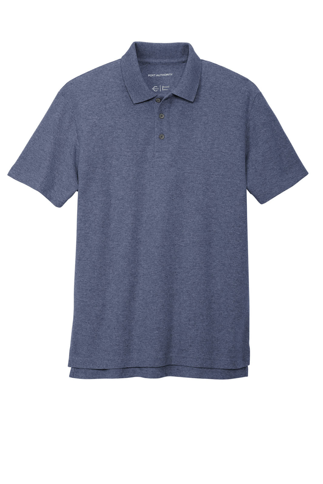 A navy blue polo shirt made of cotton blend, featuring a collar and three buttons, with a small logo on it.