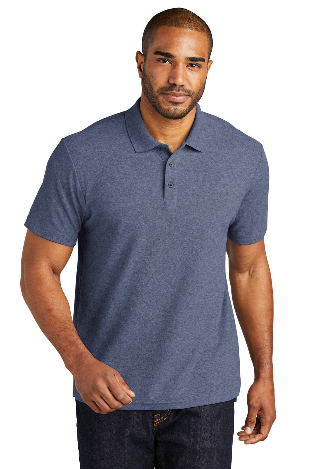 A short-sleeved navy cotton blend polo shirt with a collar, featuring a logo on the chest.